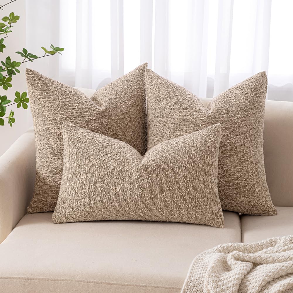 Miulee 24X24 Inch Decorative Pillow Covers For Couch Bed Set Of 2 Textured Boucle Neutral Throw Pillows Khaki Accent Solid Euro Cushion Pillowcase Cozy Soft Chair Sofa Livingroom Home Decor