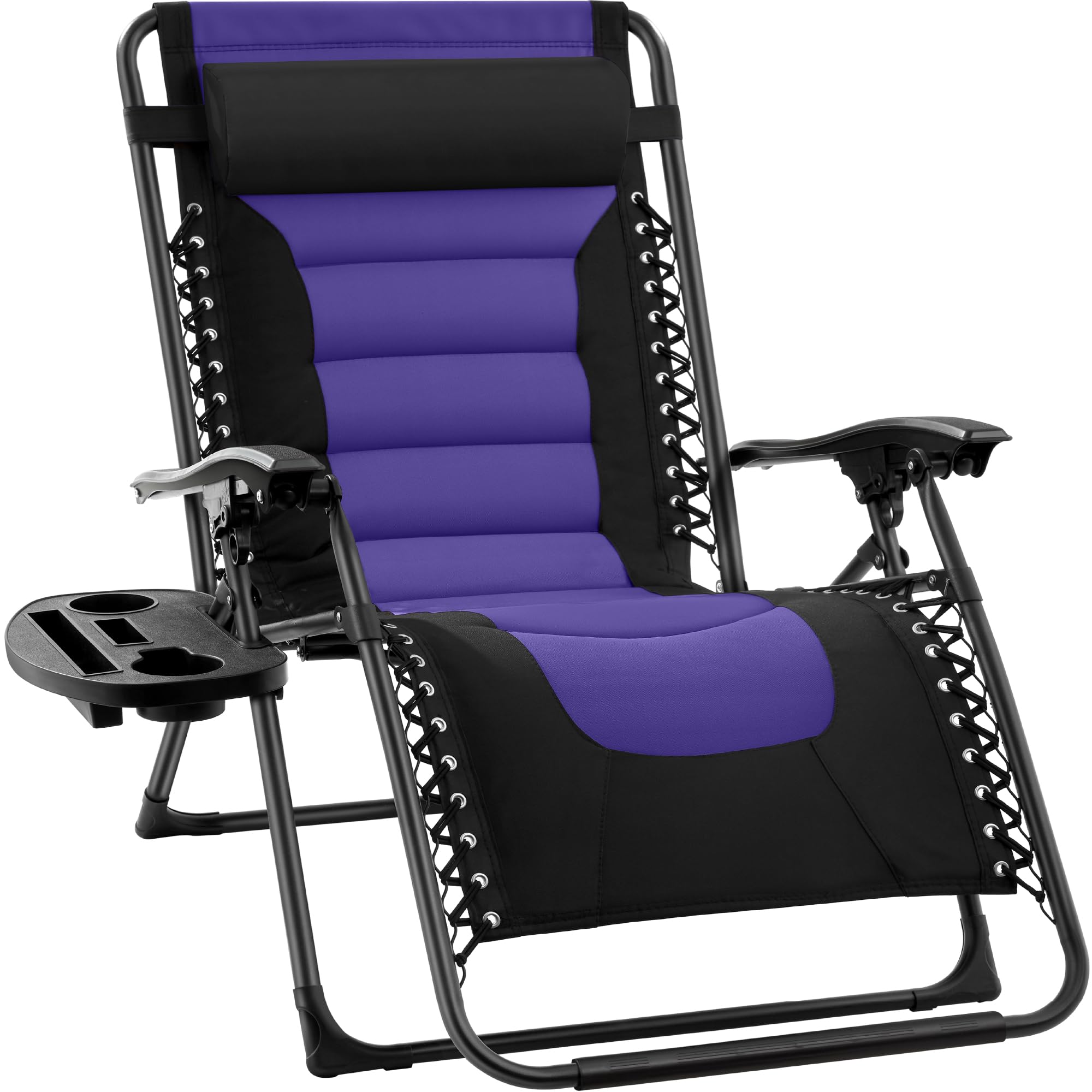 Best Choice Products Oversized Padded Zero Gravity Chair, Folding Outdoor Patio Recliner, Xl Anti Gravity Lounger For Backyard W/Headrest, Cup Holder, Side Tray, Polyester Mesh - Black/Purple