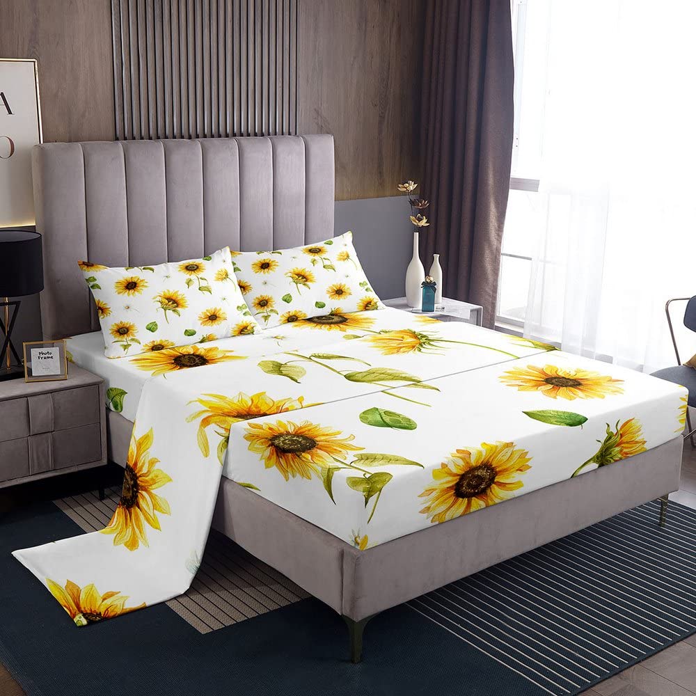 Sunflowers Bed Sheet Set Floral Print Bed Sheets Yellow Flowers Pattern Sheets Flower Painting Sheet Set for Boys Girls Children