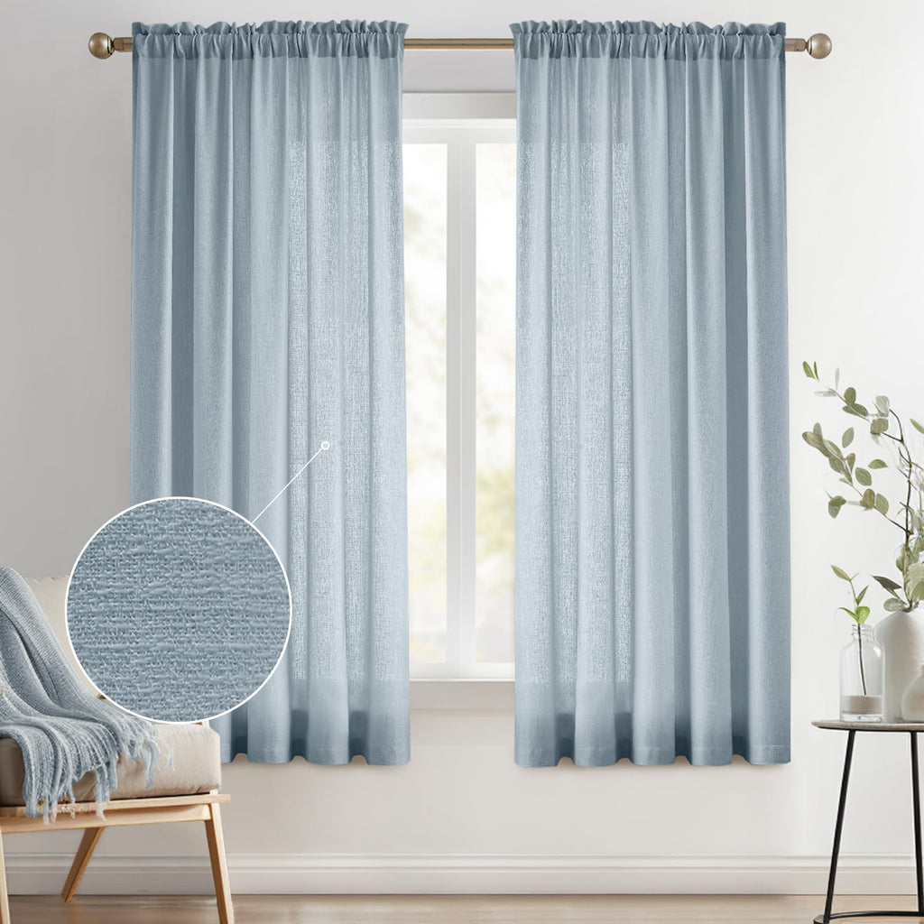 Melodieux Dusty Blue Semi Sheer Curtains 63 Inches Long for Living Room, Linen Texture Bedroom Privacy Window Sheer Drapes Rod P