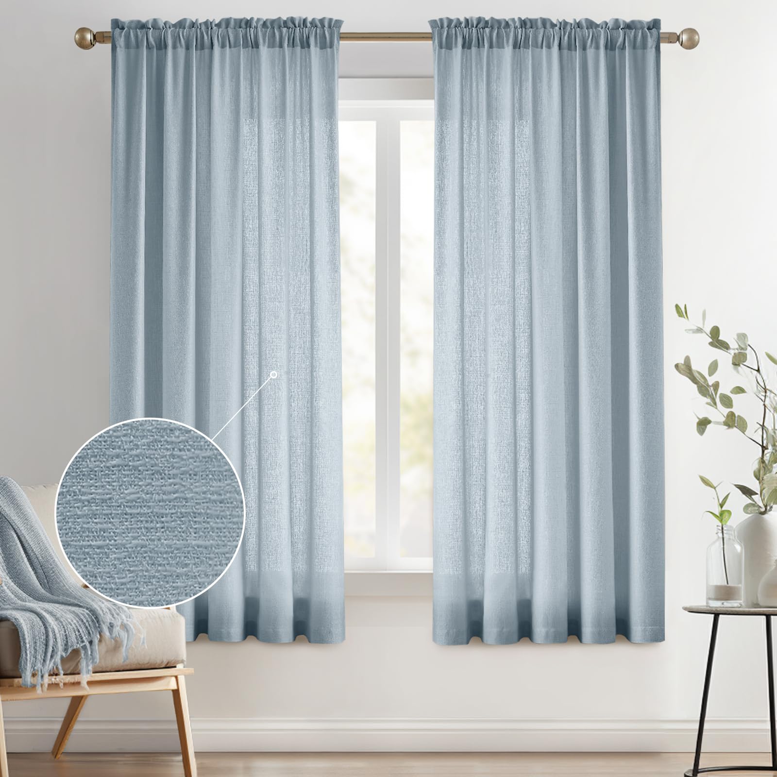 Melodieux Dusty Blue Semi Sheer Curtains 63 Inches Long for Living Room, Linen Texture Bedroom Privacy Window Sheer Drapes Rod P