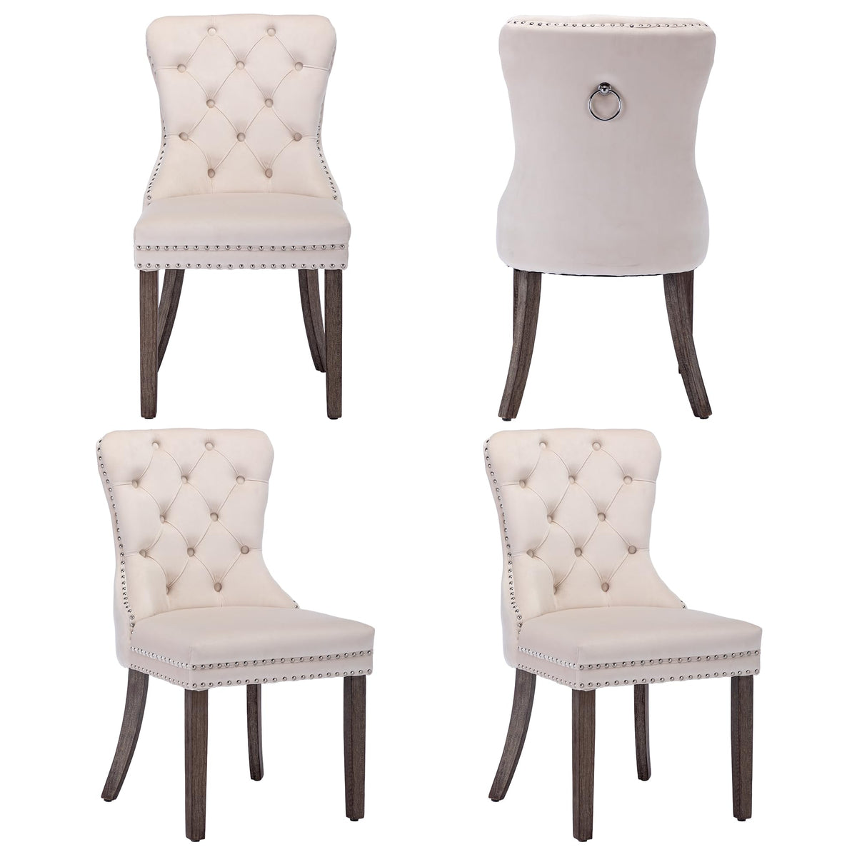 Goolon Dining Room Chairs Set Of 4, Velvet Button Tufted Chairs With Rivet Trim Metal Pull Ring Wood Legs For Kitchen Dining Roo