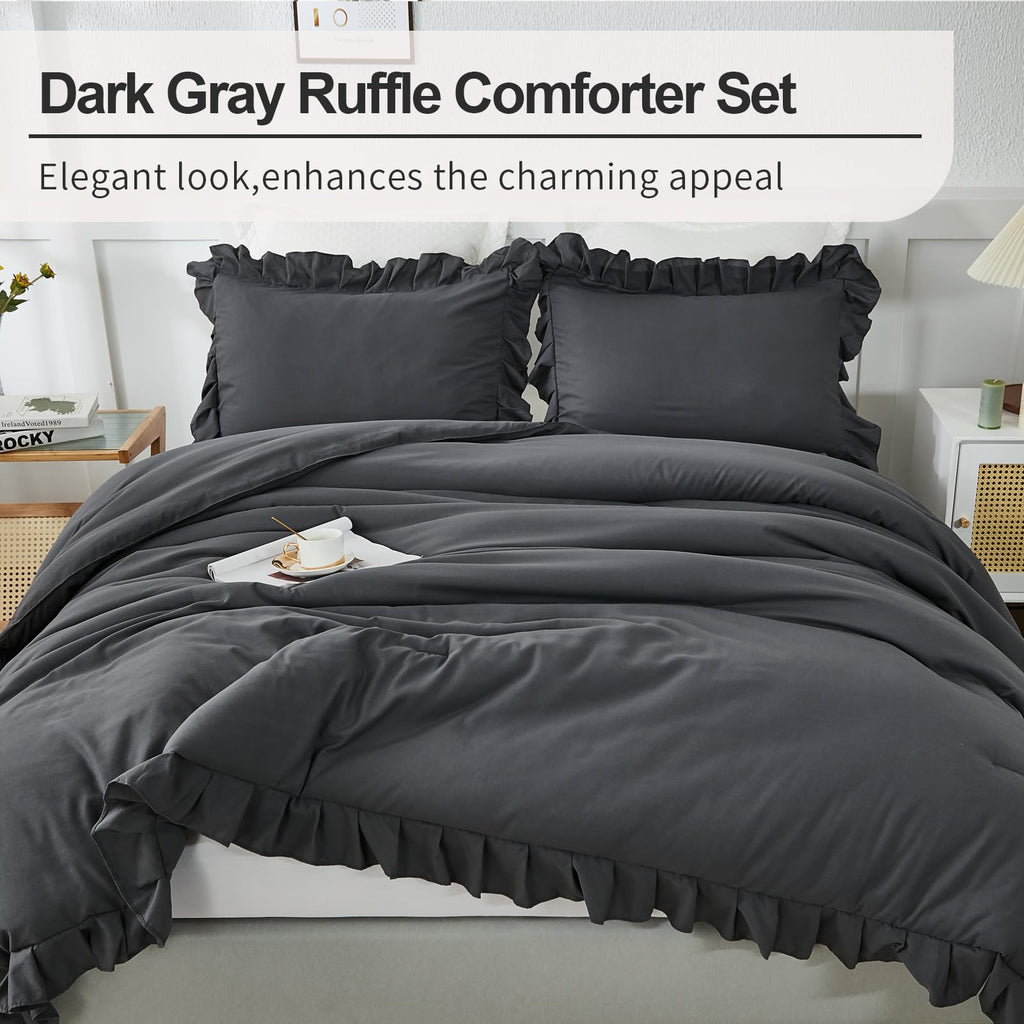 Andency Dark Gray Twin Size Comforter, 2 Pieces Kids All Season Ruffle Bed Comforter Set, Boho Lightweight Solid Farmhouse Shabby Chic Bedding Comforters & Sets (66X90Inch Comforter)