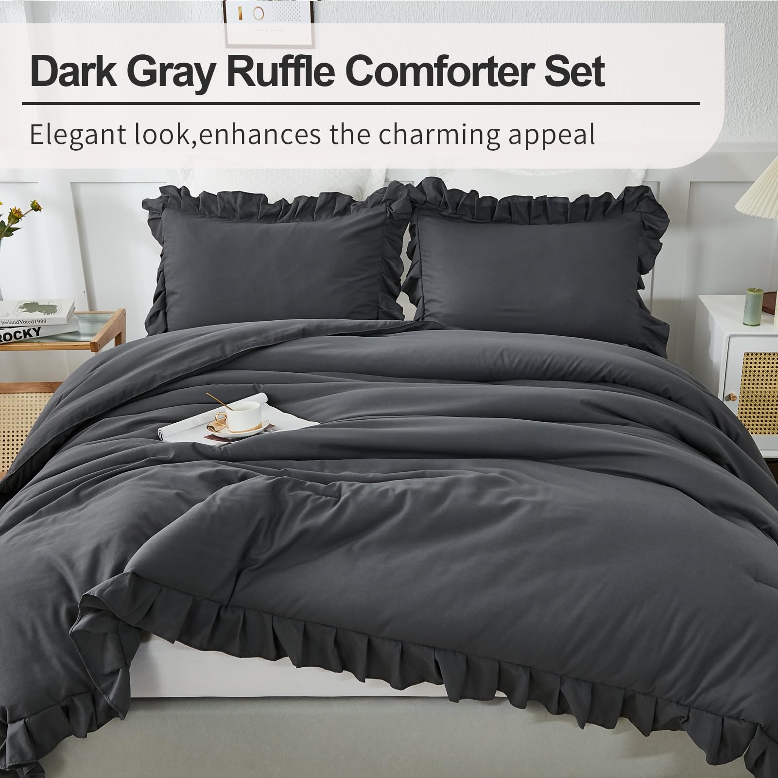 Andency Dark Gray Twin Size Comforter, 2 Pieces Kids All Season Ruffle Bed Comforter Set, Boho Lightweight Solid Farmhouse Shabby Chic Bedding Comforters & Sets (66X90Inch Comforter)