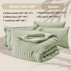 Hymokege Light Green Queen Comforter Set Seersucker 7 Pieces, All Season Luxury Bed In A Bag For Bedroom, Bedding Set With Comfo