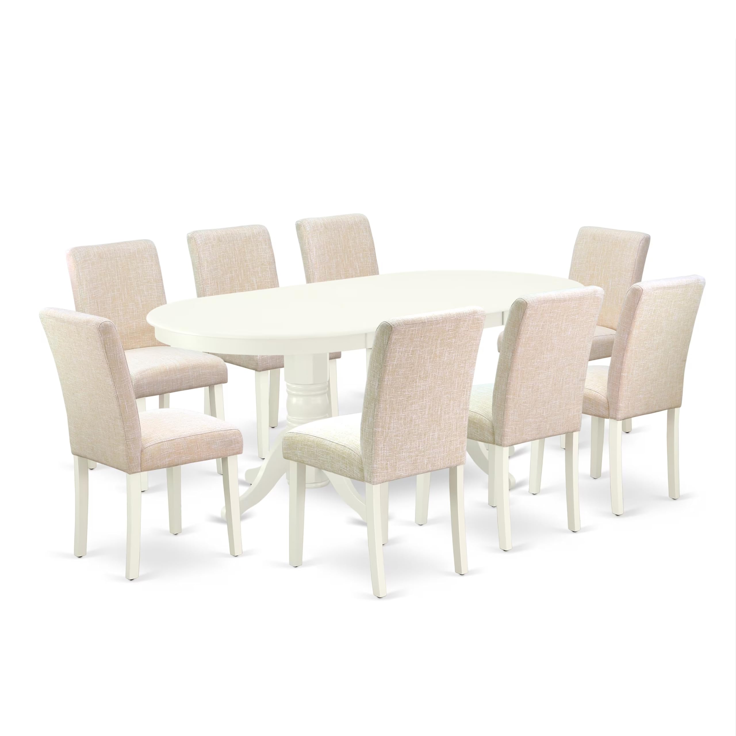 East West Furniture Vaab9-Lwh-02 9 Piece Dining Room Set Includes An Oval Wooden Table With Butterfly Leaf And 8 Light Beige Linen Fabric Parson Dining Chairs, 40X76 Inch, Linen White