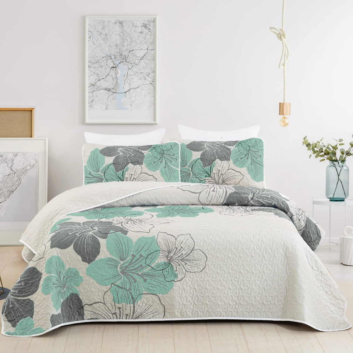 Djy 3 Pieces Quilt Set King Green Floral Pattern Quilt Coverlet Elegant Boho Bedspread With 2 Pillow Shams Soft Lightweight Bedd