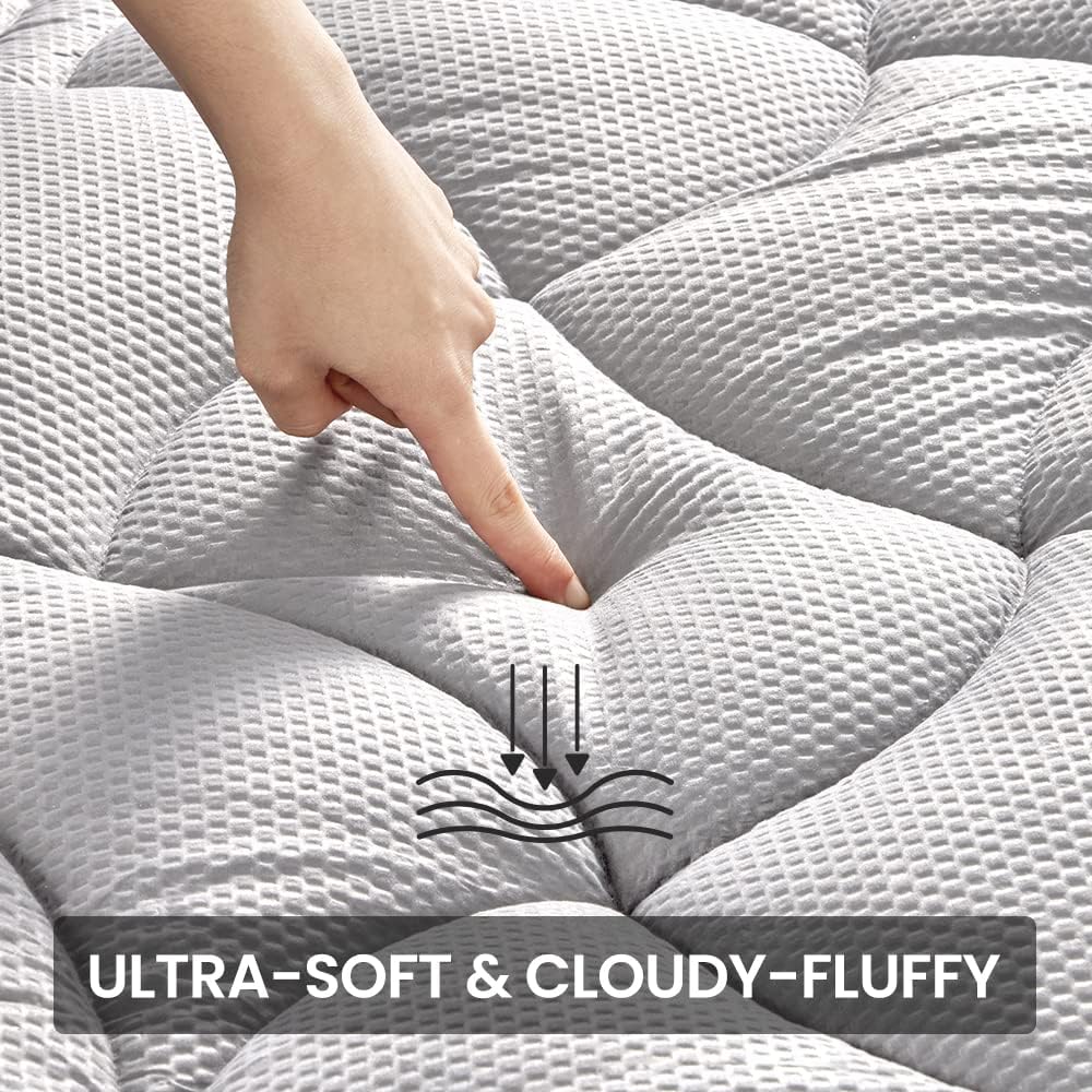 Sleep Zone Cooling Queen Mattress Topper For Single Bed, Premium Zoned Quilted Mattress Pad, Fitted Mattress Protector Cover, Machine Wash Durable, Deep Pocket 8-21 Inch (Silver Grey, Queen)