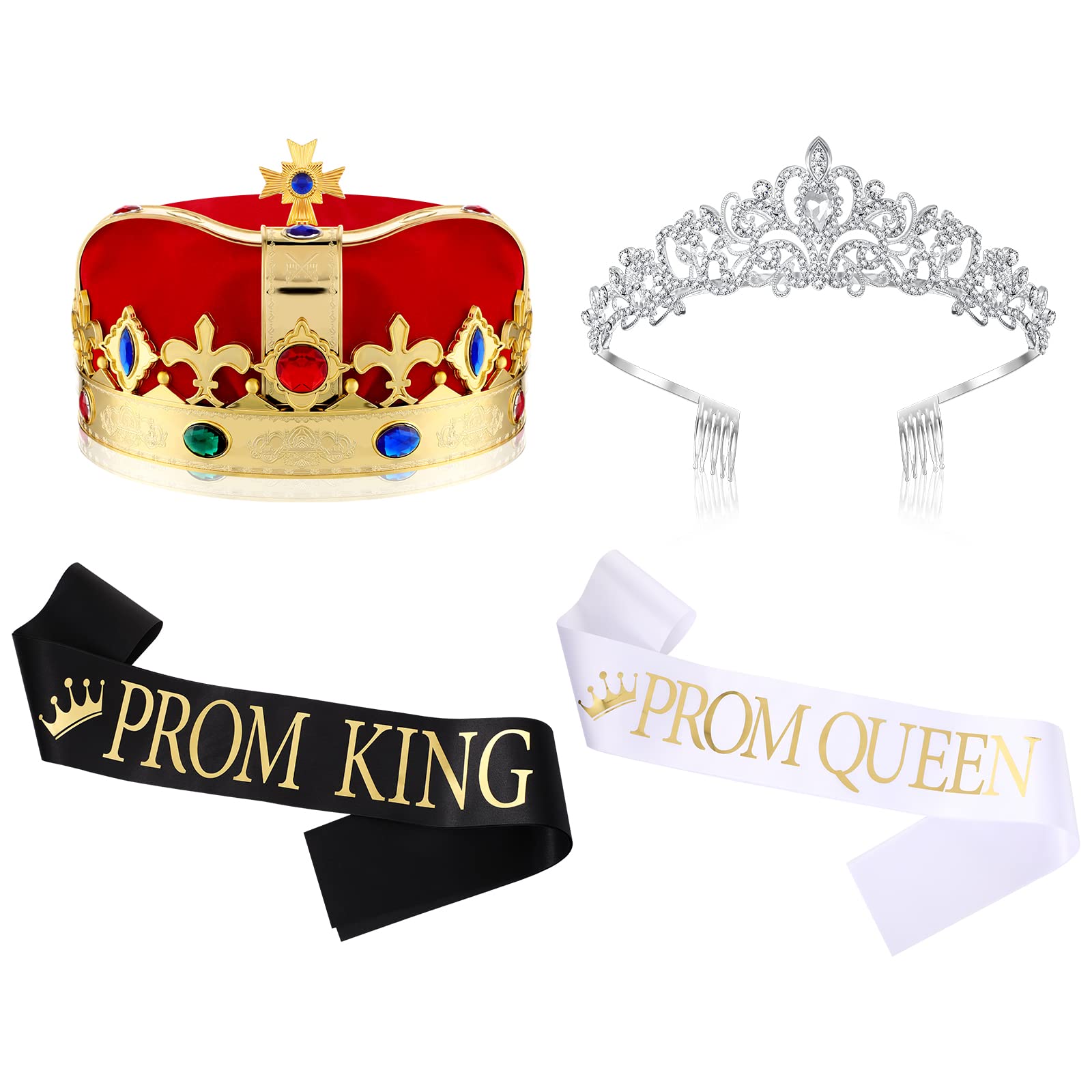 Saintrygo Prom King and Prom Queen 80s Party Favors Crowns Tiara Sash Shiny Satin Adults Cosplay 2024 Grad Crown Sash(4 Pcs, Vin