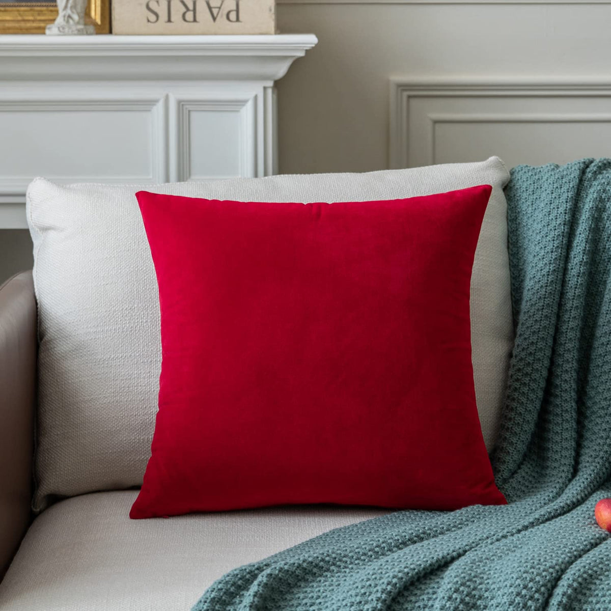 Colormz Set Of 1 Bright Red Colored Solid Velvet Throw Pillow Covers, Cozy Soft Accent Pillow Cases For Sofa Couch Bed And Livin