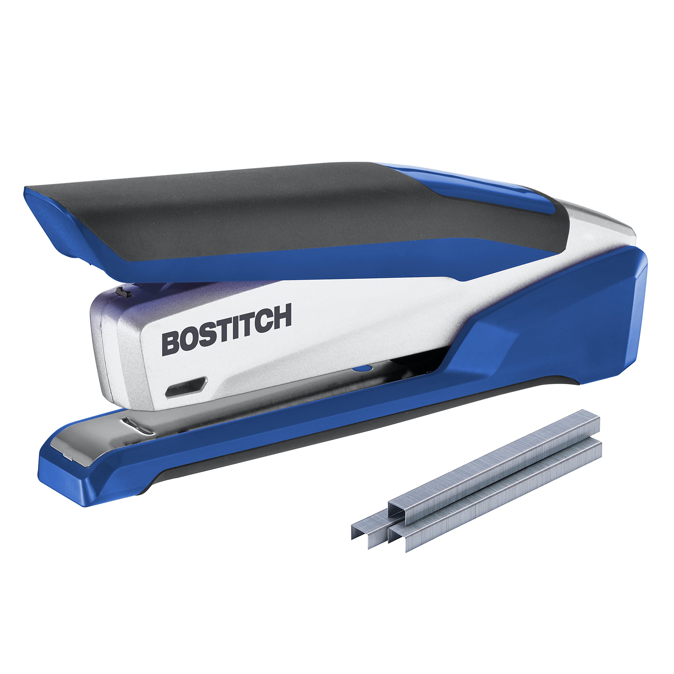 Bostitch Office Inpower Spring-Powered Premium Desktop Stapler , 28 Sheet Capacity, One Finger, No Effort, Blue/Silver