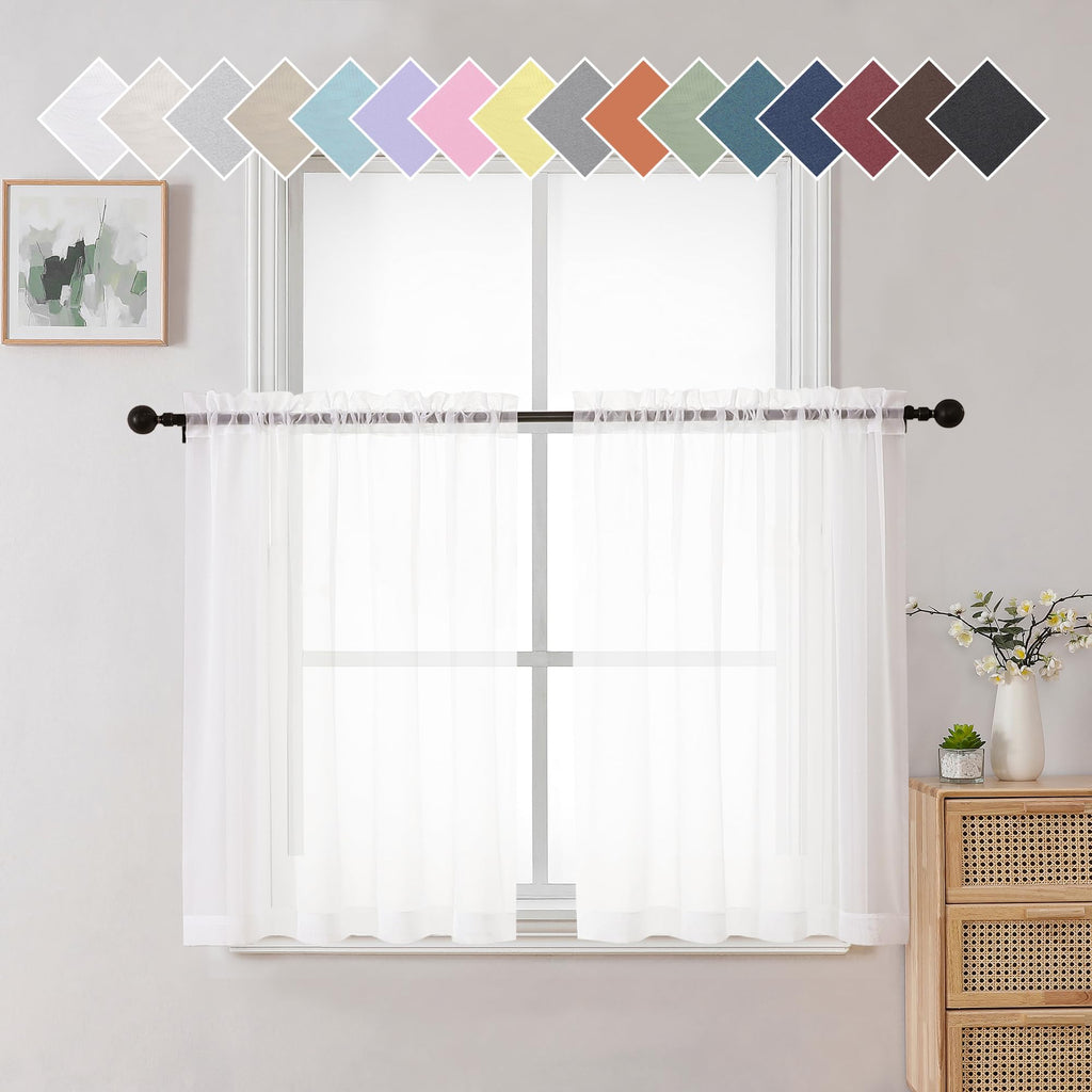 Aiyufneg White Sheer Curtains 36 Inch Length Kitchen Tiers Short Voile Curtains/Drapes Solid Sheers Cafe Curtains Voile Bathroom