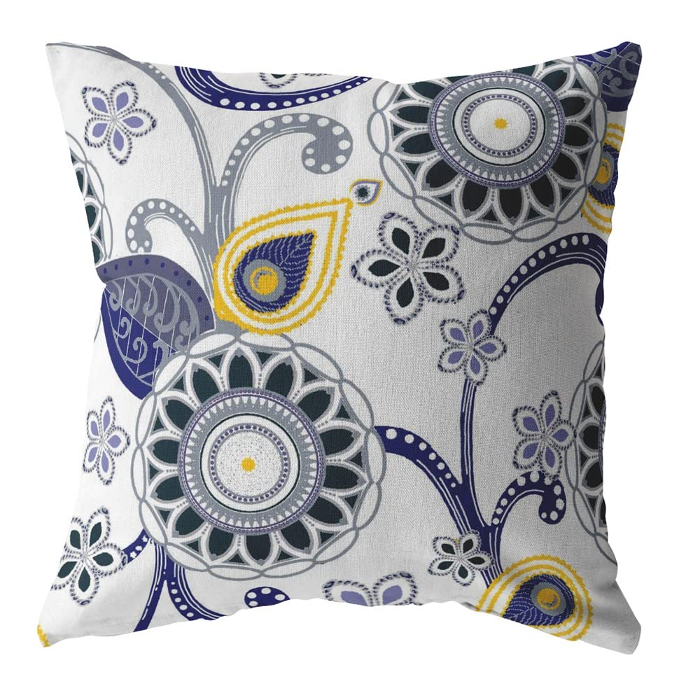 HomeRoots Navy, Black, Yellow, Gray On White 20â€ Navy White Floral Suede Throw Pillow