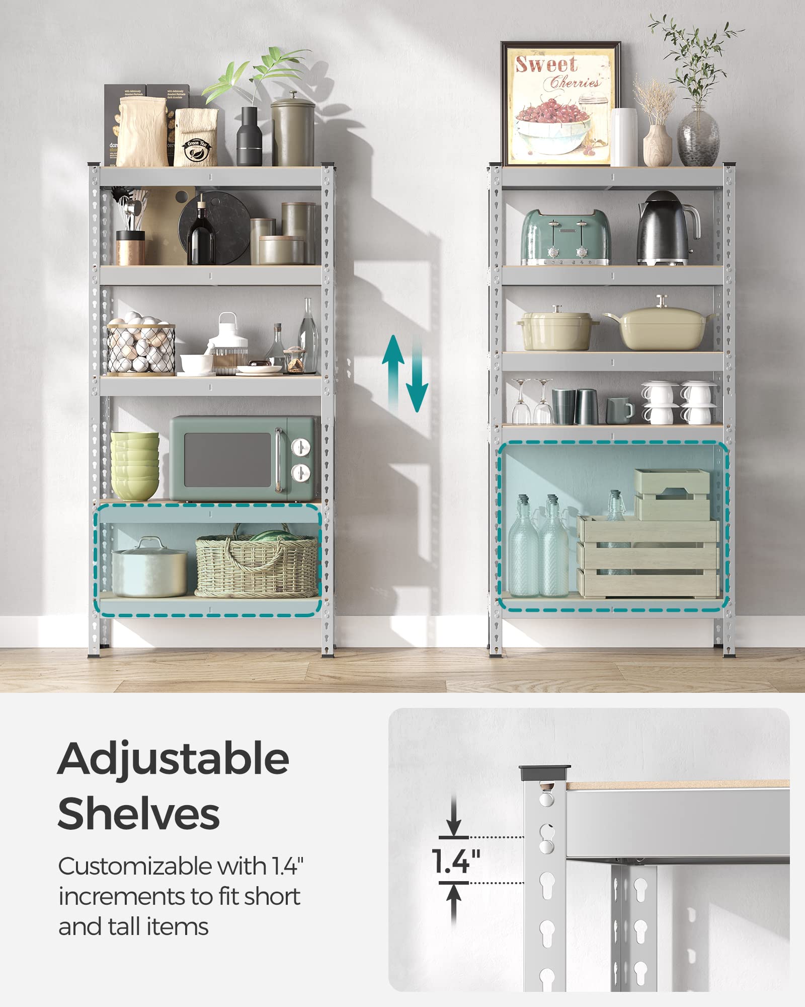 Songmics 5-Tier Storage Shelves, Set Of 2 Garage Storage, Boltless Assembly, Adjustable Shelving Units, 17.7 X 35.4 X 70.9 Inches, Load 1929 Lb Each, Shed Warehouse Basement, Silver Uglr450E02