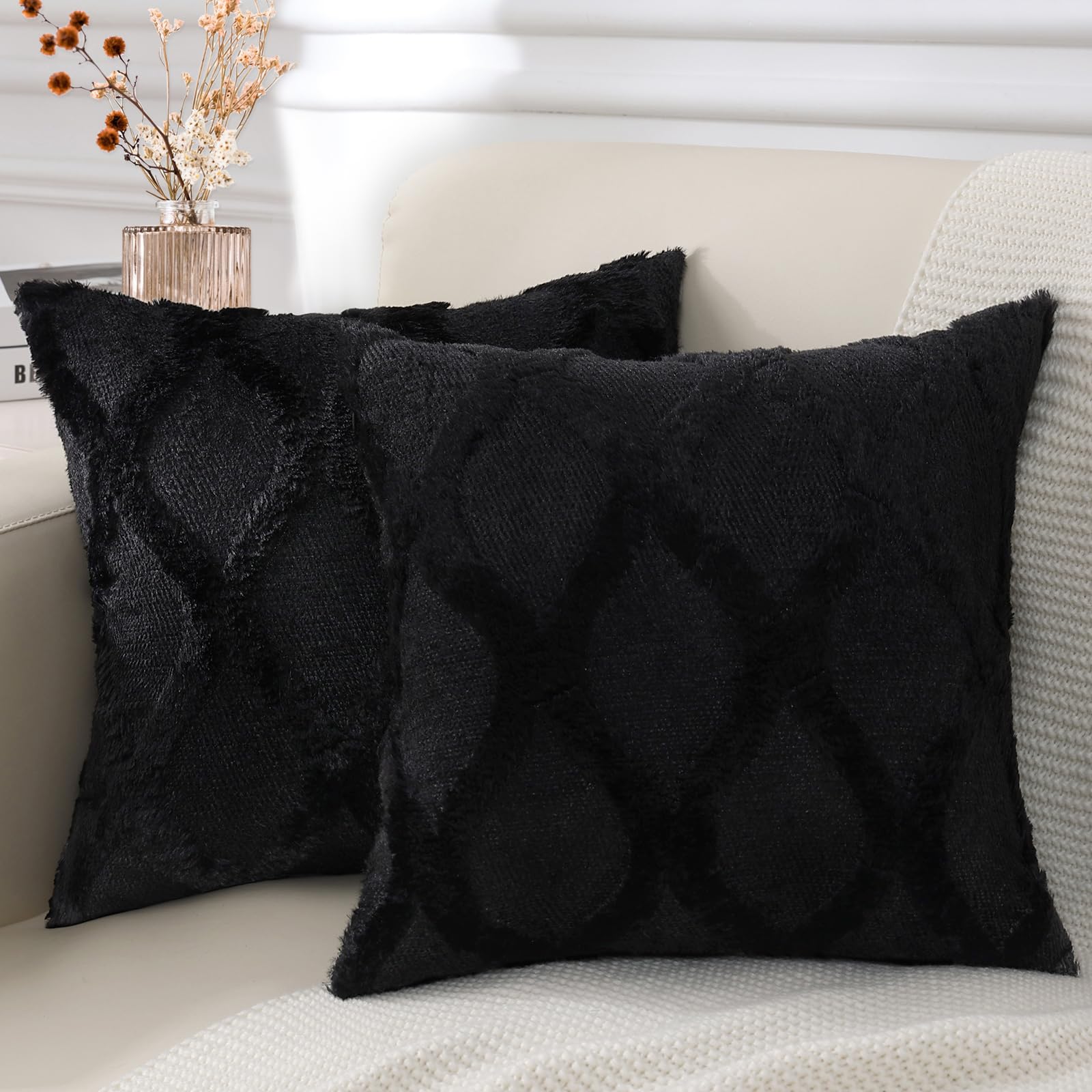 Decoruhome Throw Pillow Covers 16X16 Inch Set Of 2, Soft Plush Faux Fur Wool Black Couch Pillow Covers, Decorative Pillow Cases For Bed Sofa Living Room Home Decor
