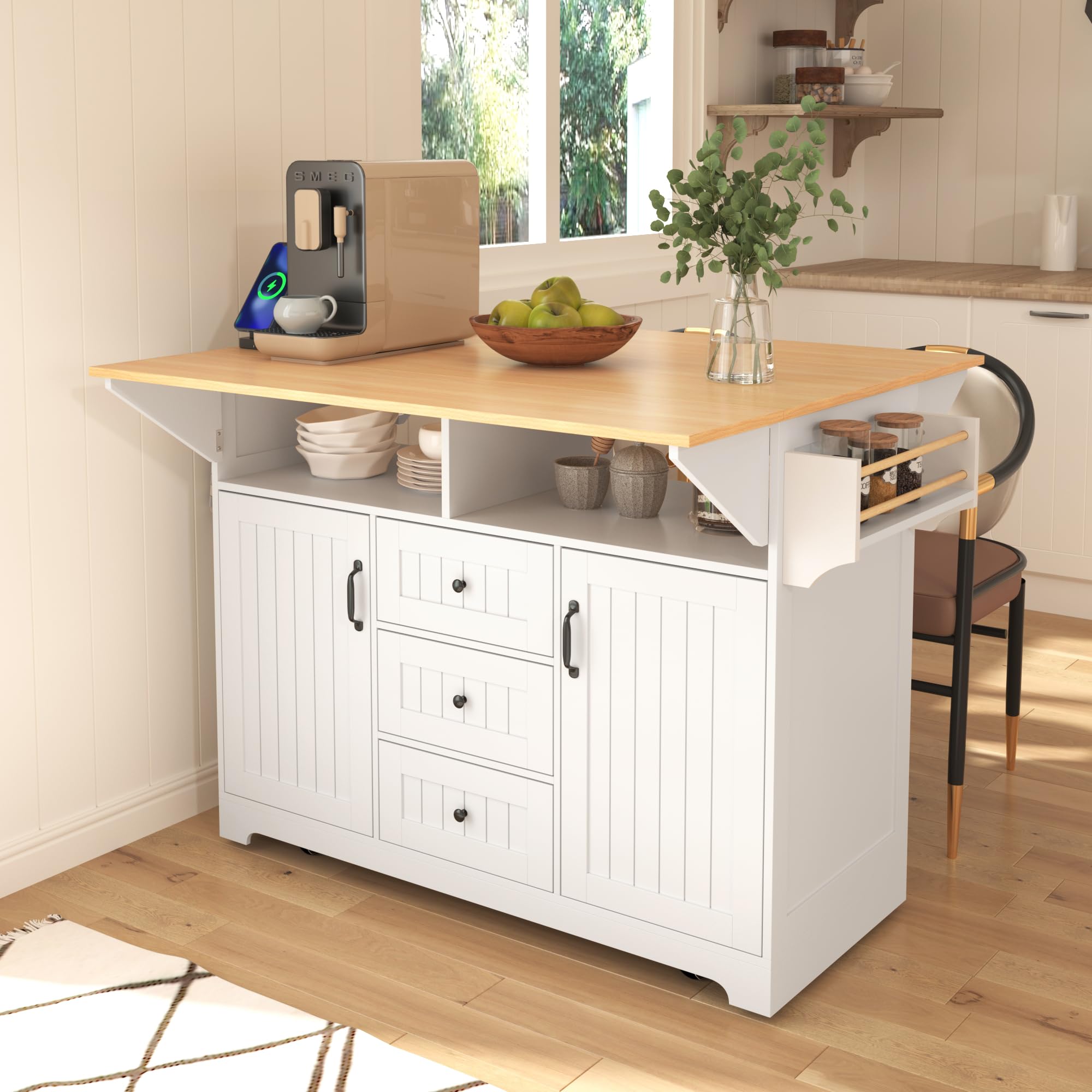 Merax 55.7 Large Kitchen Cart Island on Wheels Foldable Dining Table with 2 Drop Leaf,Power Outlet,3 Drawers,Wood Storage Cabine