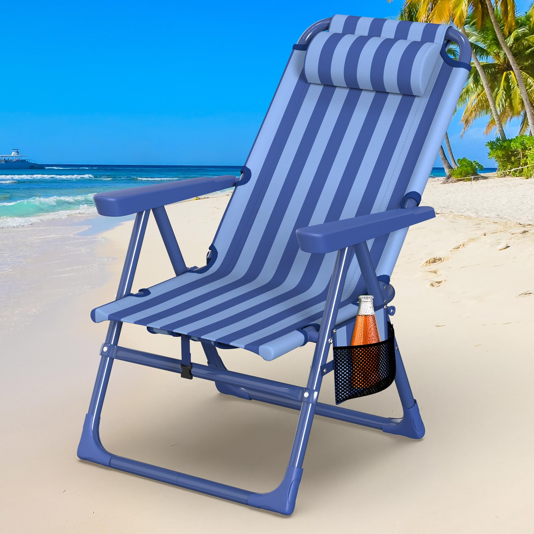 Suteck Backpack Beach Chair for Adults - 6-Position Folding Reclining Chair with Cooler Bag & Cup Holder, Lightweight Portable B