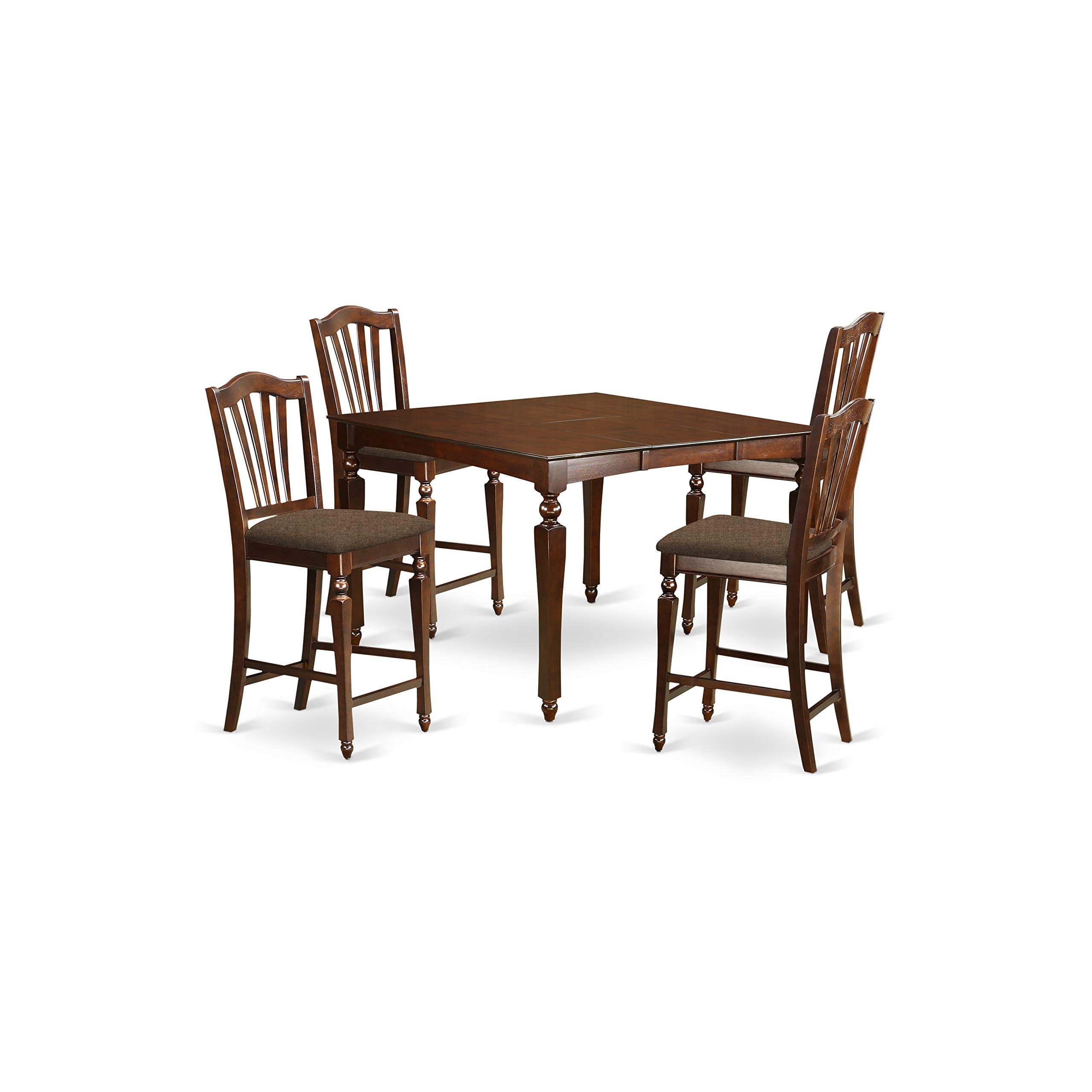 East West Furniture CHEL5-MAH-C Chelsea 5 Piece Counter Height Set Includes a Square Dining Room Table with Butterfly Leaf and 4 Linen Fabric Upholstered Chairs, 54x54 Inch