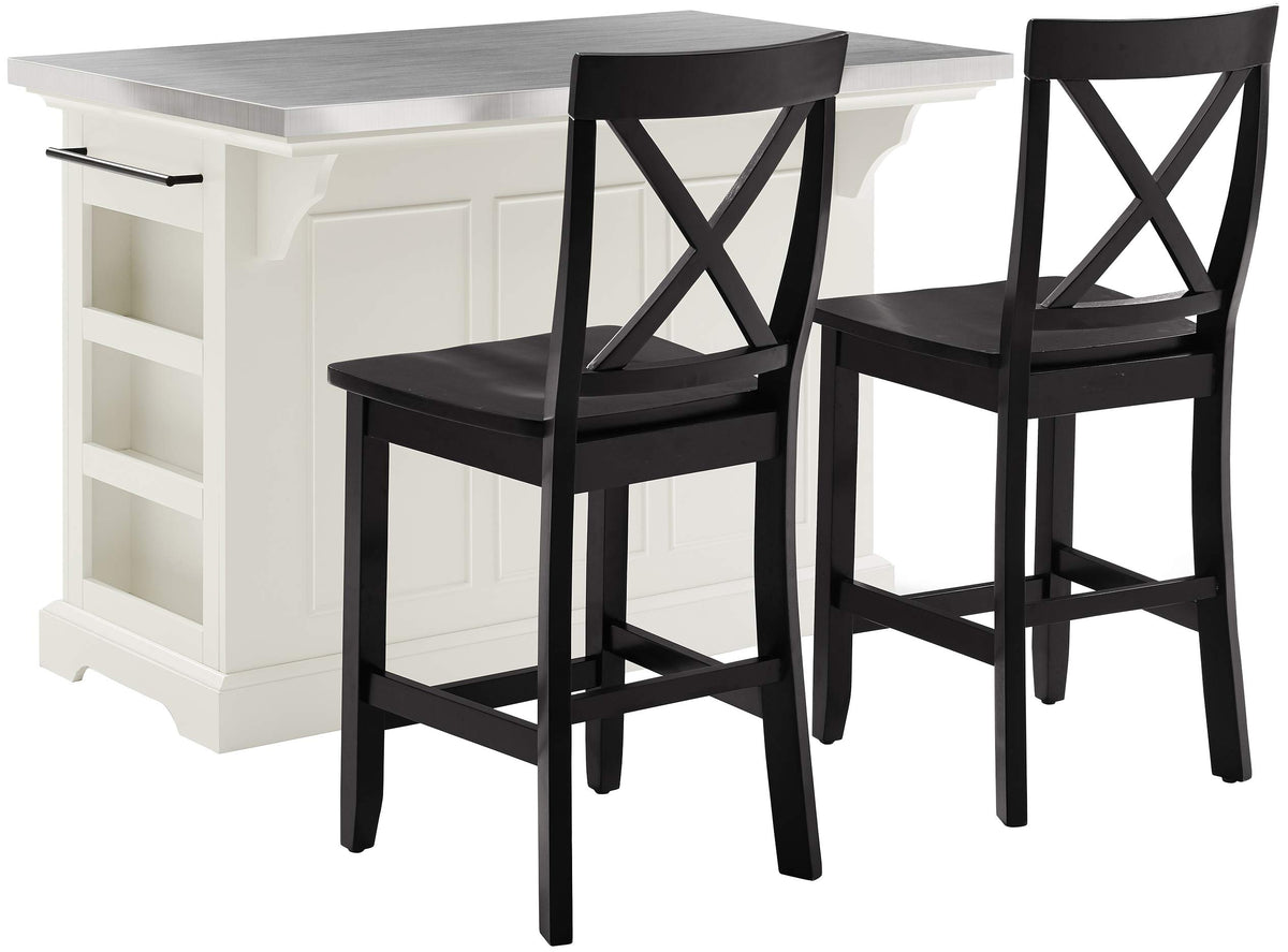 Crosley Furniture Julia Stainless Steel Top Island with Storage, Coffee Bar, and a Set of 2 X-Back Stools, White/Black