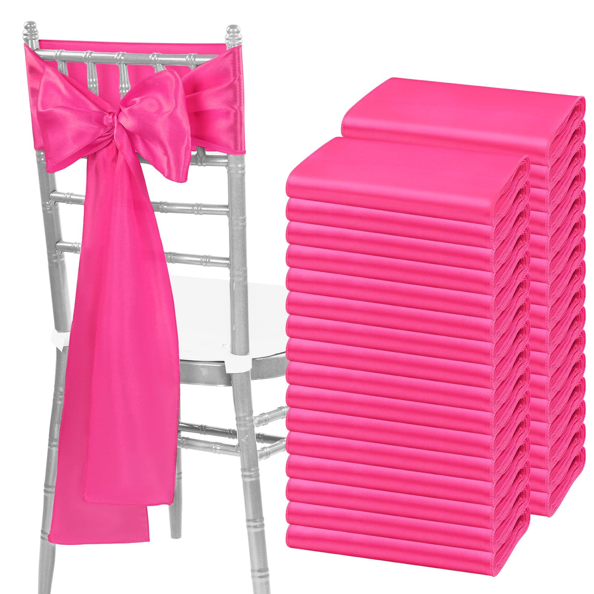 Fani 120 Pcs Hot Pink Satin Chair Sashes Bows Universal Chair Cover For Wedding Reception Restaurant Event Decoration Banquet,Pa