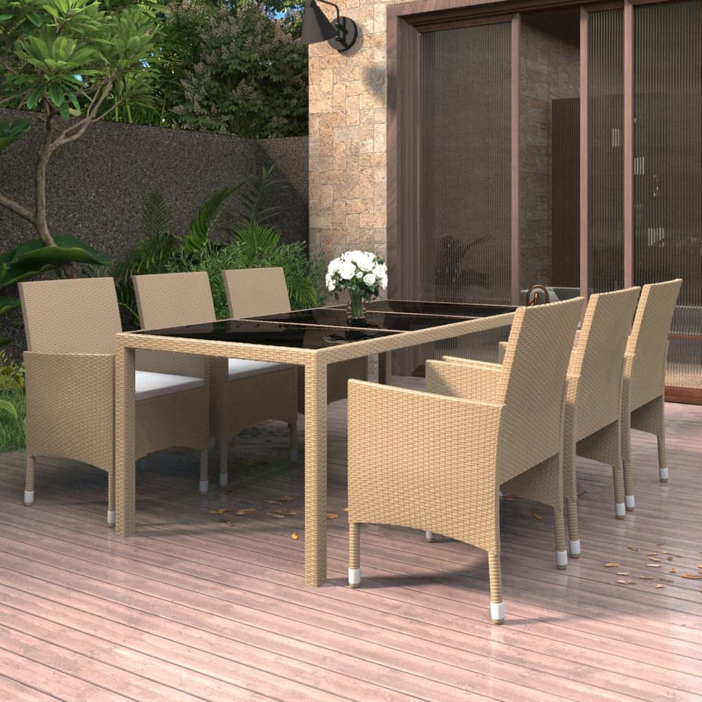 vidaXL Patio Dining Set 7 Piece Garden Outdoor Lawn Yard Terrace Balcony Table and Chair Seat Seating Furniture Poly Rattan and Tempered Glass Beige