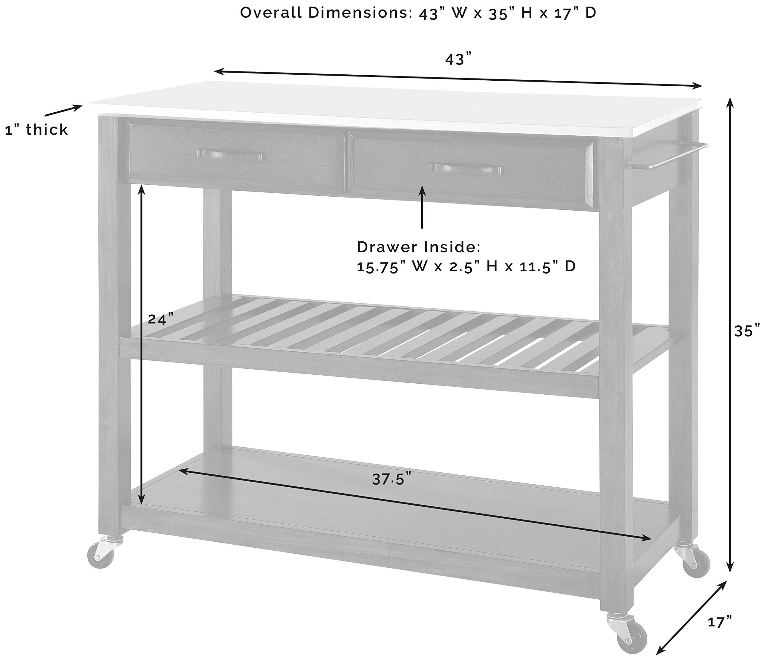 Crosley Furniture Stone Top Kitchen Prep Rolling Cart, Microwave Stand, Coffee Bar, With Shelves, White