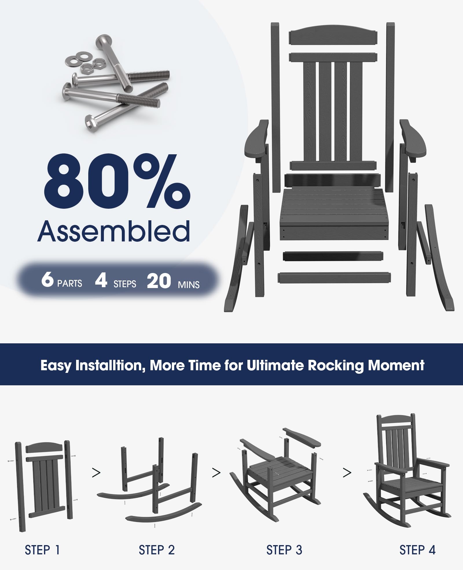 Kingyes Outdoor Rocking Chairs, Hdpe All-Weather Patio Rocking Chairs High Back Porch Rocker For Adult, Gray