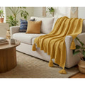 24x7 Home Store Decorative Sofa Throw Blanket with Tassel Fringe, Boho Style, Cream and Navy (Yellow, Tussle Throw)
