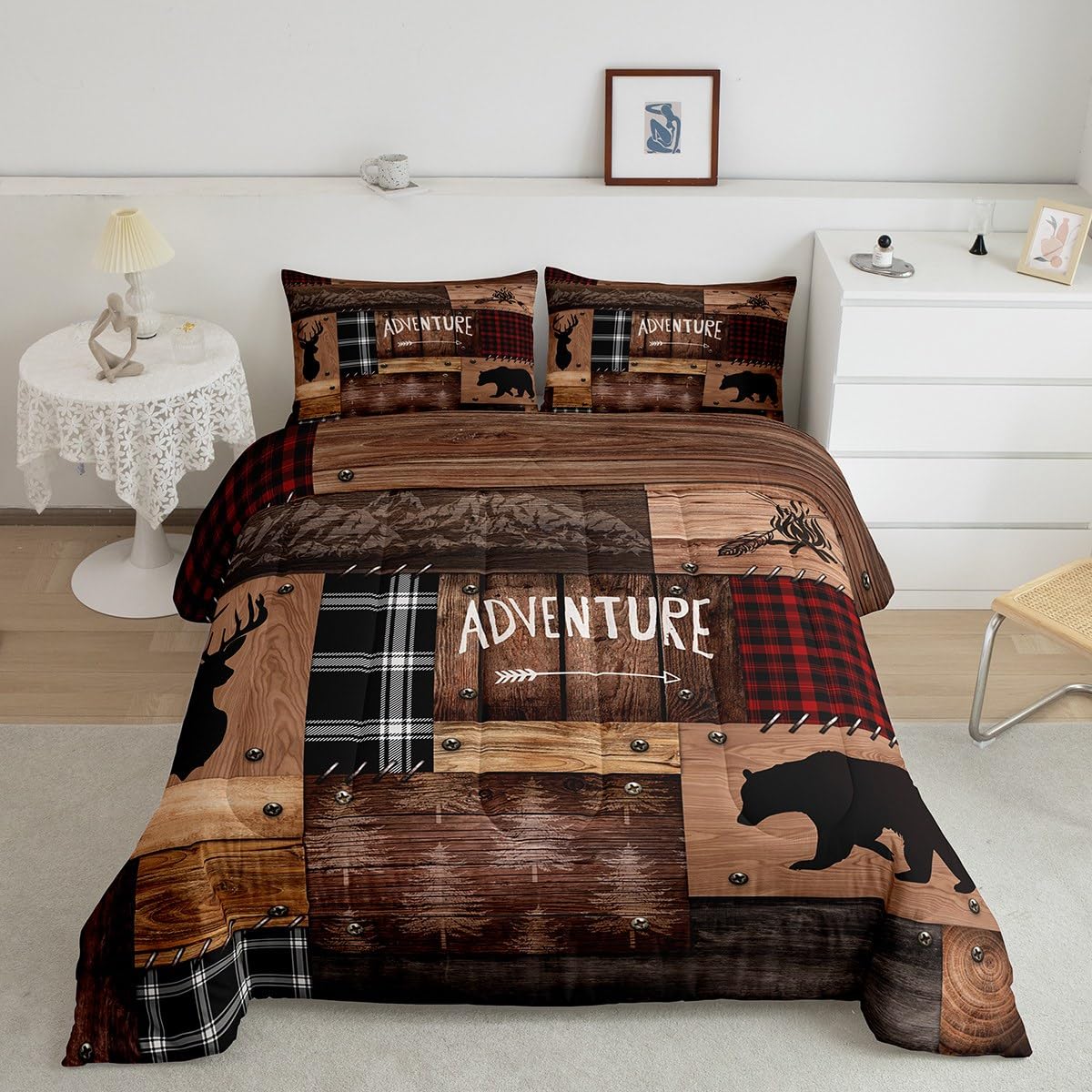 Rustic Cabin Comforter Set Twin Size,Farmhouse Bedding Set Kids Boys Girls Brown Cabin Decor,Hunting Animals Bedspread Bear Deer