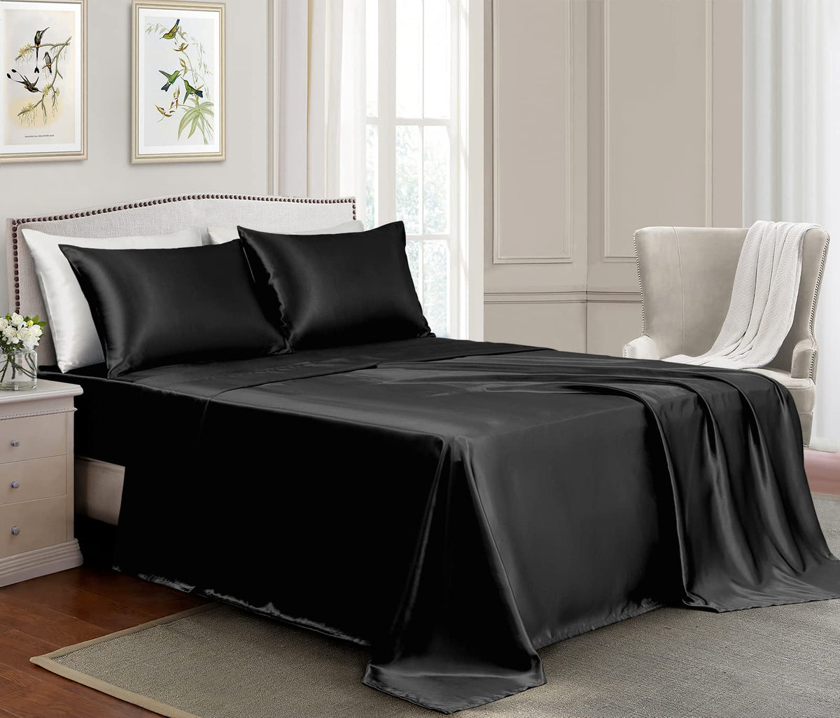 Golal Satin Sheets King Size - 4 Pieces Luxury Silky Soft Bed Sheets, Wrinkle-Free Black Satin Silk Sheet Set With 1 Deep Pocket
