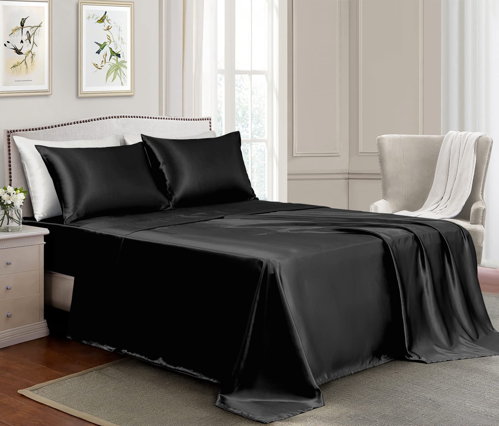 Golal Satin Sheets California King Size - 4 Pieces Luxury Silky Soft Bed Sheets, Wrinkle-Free Black Satin Silk Sheet Set With 1