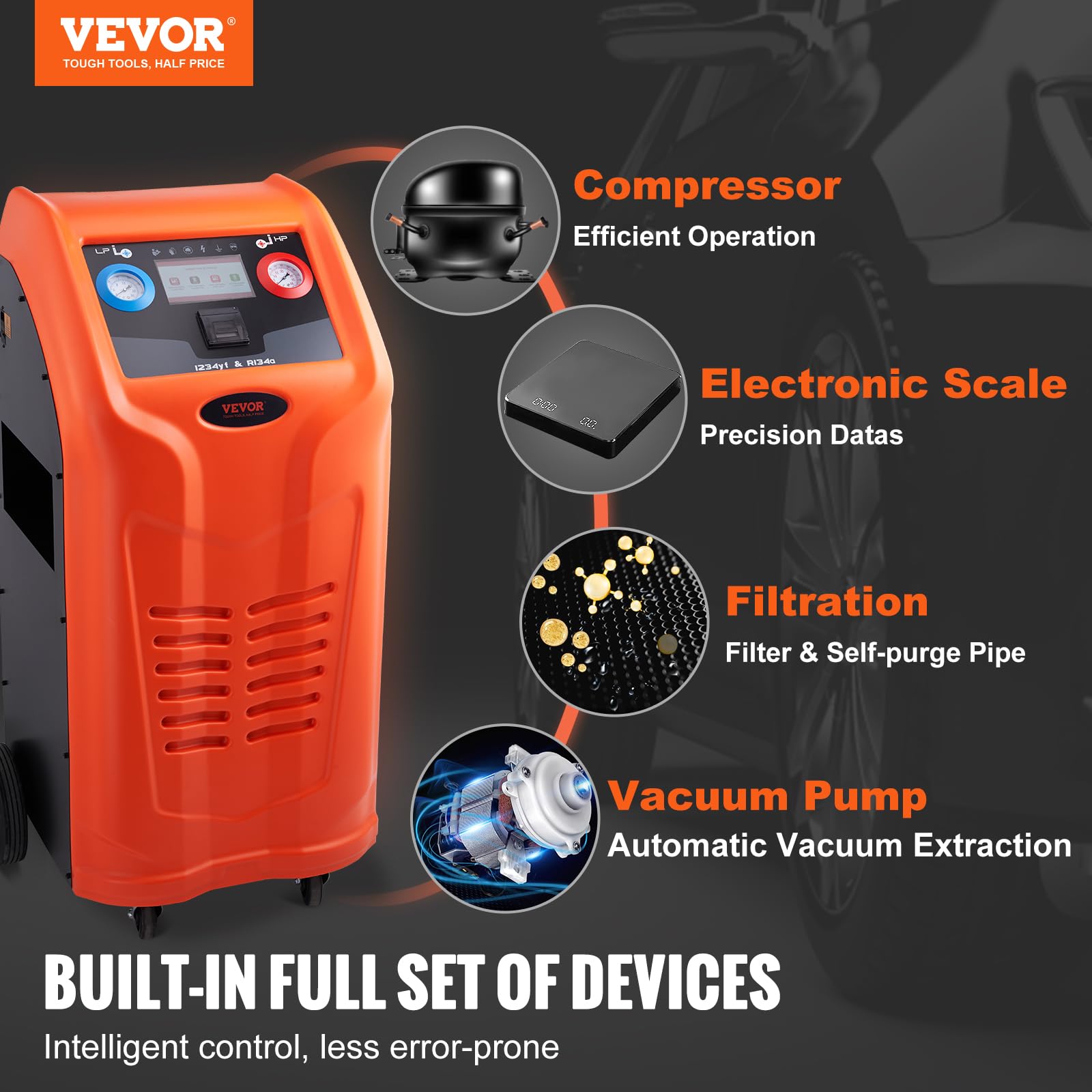 Vevor Fully Automatic Refrigerant Recovery Machine - Dual Cylinder Ac Recovery Machine Kit Built In Compressor/Electronic Scale/