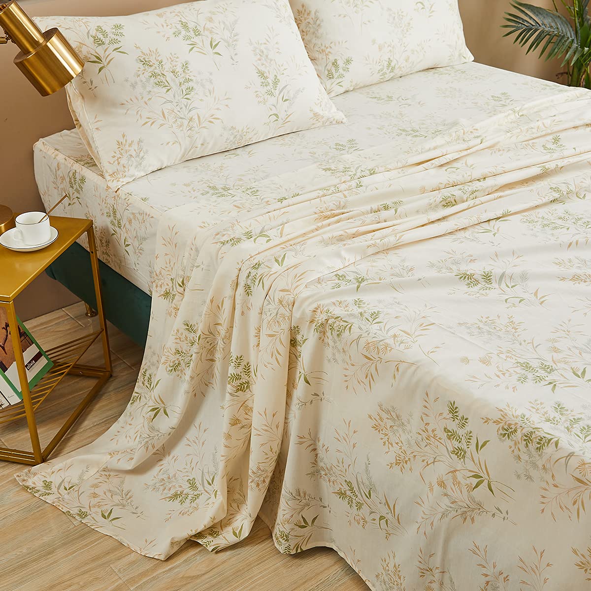 Fadfay California King Sheet Sets, Floral Leaves Bed Sheet Set Premium 100% Cotton 600 Tc Green & Cream Flower Bedding Botanical
