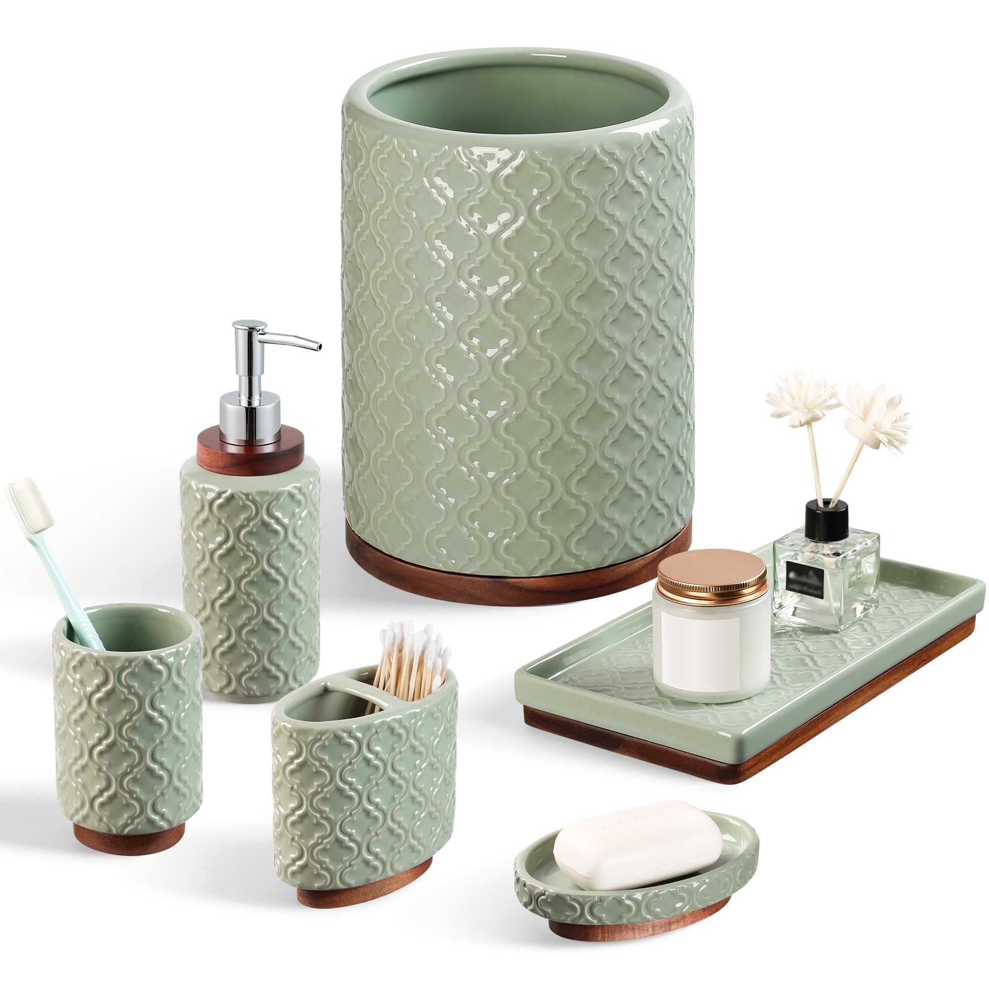 RQYIXI Bathroom Accessories Set Green 6 Pieces Toothbrush Holder Soap Dispenser Ceramic Bathroom Accessory Set Contain Toothbrus