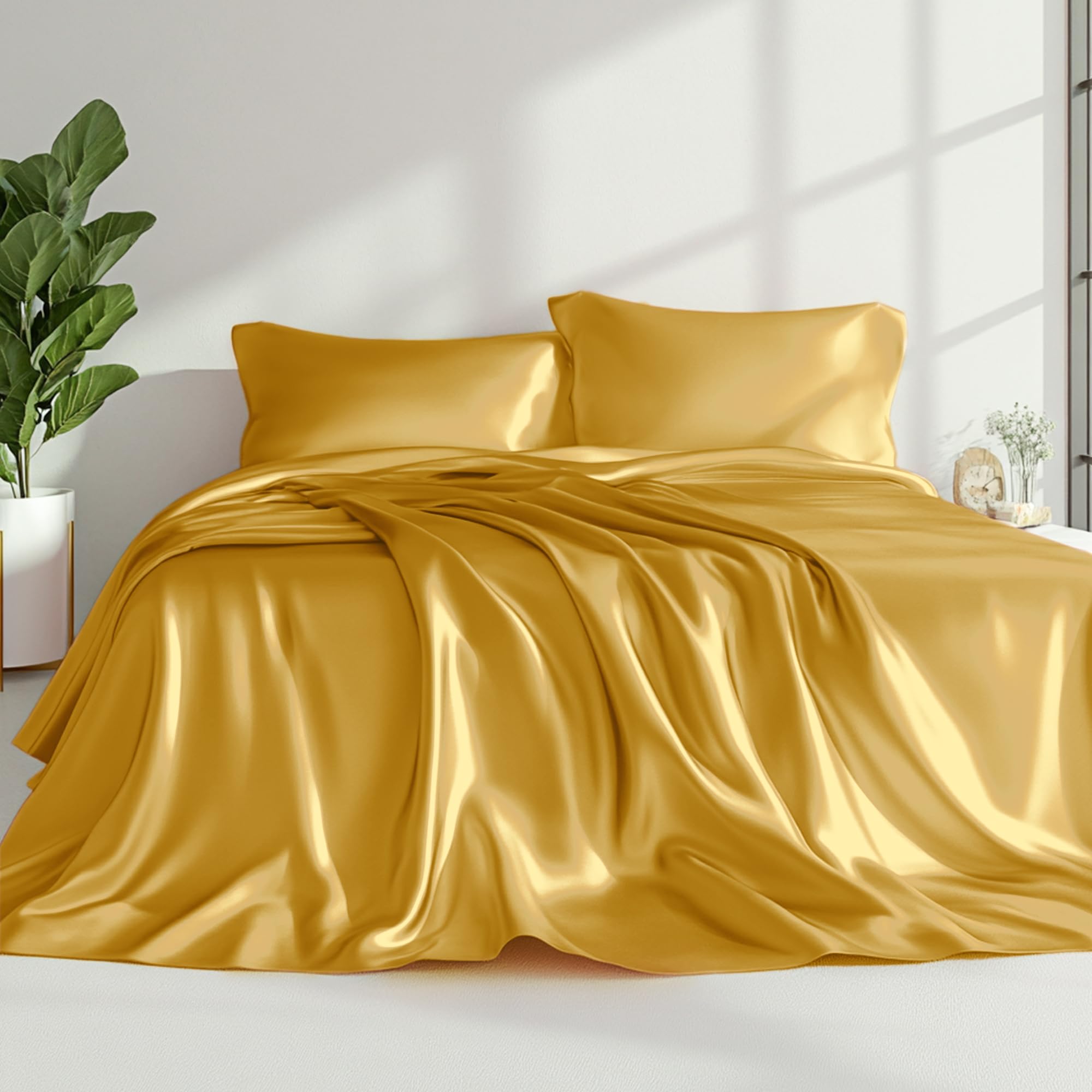 Love'S Cabin Satin Queen Sheets Set - 4 Piece Gold Silky Satin Bed Sheets Queen Set With Deep Pocket, Luxury Silk Feel Satin Que