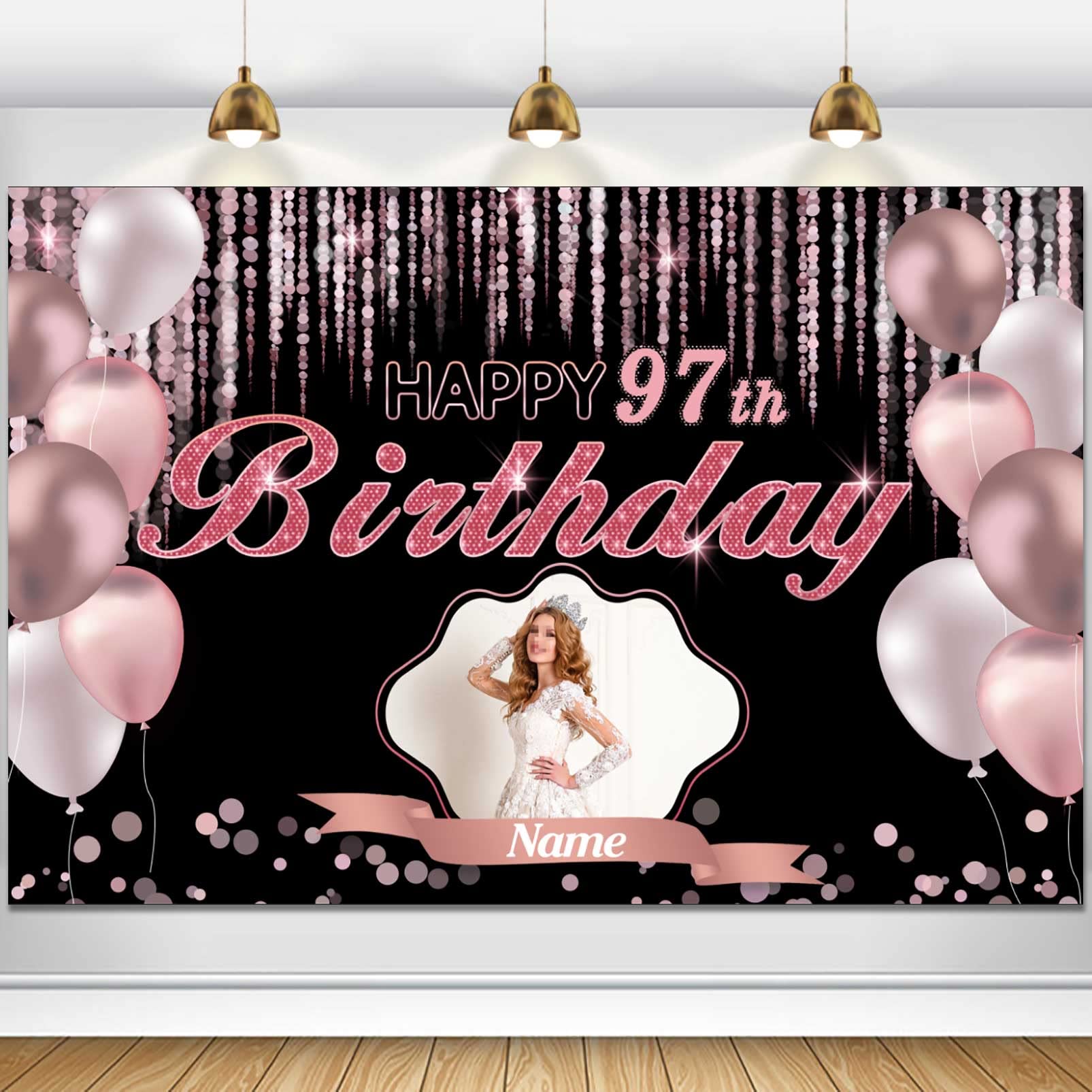 Custom Rose Gold Happy 97th Birthday Decoration Banner - Large Sizes-Personalization with Name and Photo Supported