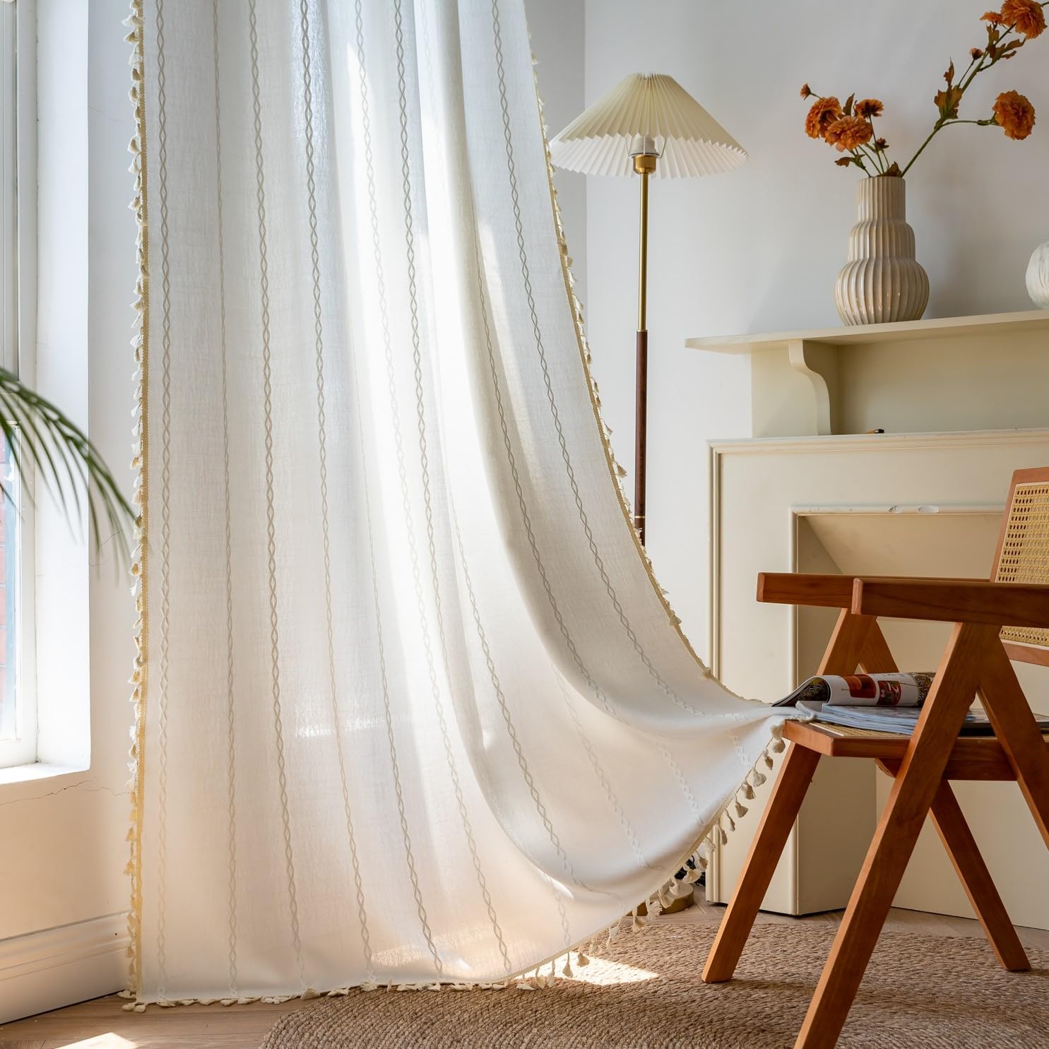 Sutuo Home Boho Curtains For Bedroom 63 Inch Length, Light Filtering Country Farmhouse Vintage Shabby Chic Tassels Window Treatm