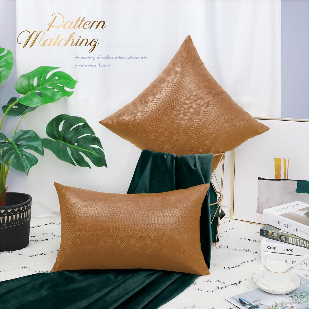Brawarm Tan Leather Throw Pillows 22 X 22 Inches, Snake Leather Pillow Covers Pack Of 2, Faux Leather Decorative Pillow Covers F