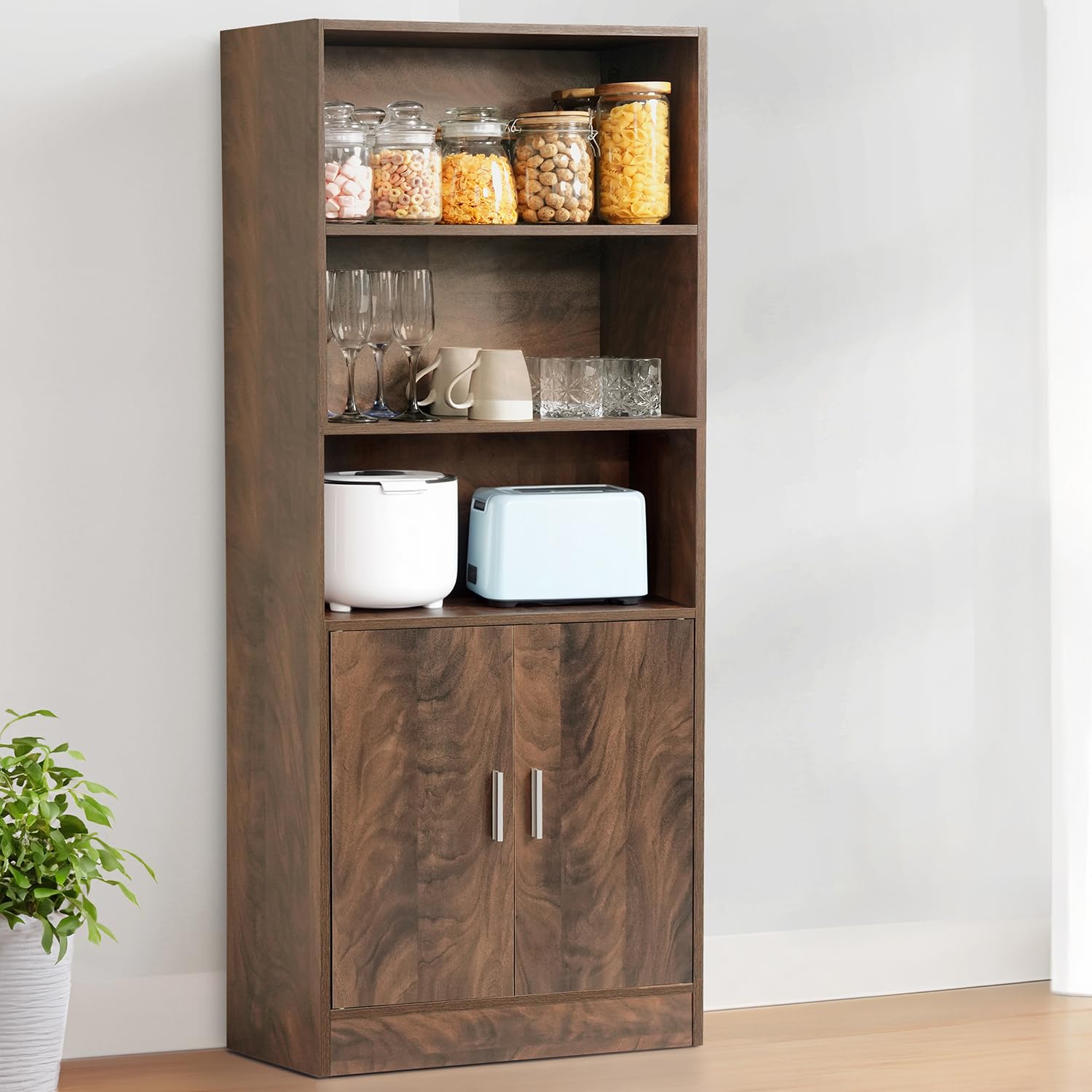 About Space 5 Ft Kitchen Cabinet  5 Tier Wooden Storage Cabinet With 3 Open Shelves & 2 Magnetic Door Crockery Cabinets, Easy T