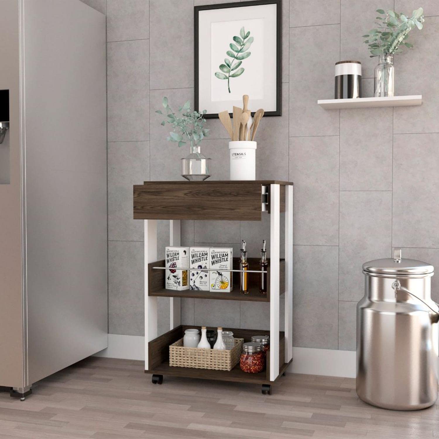 Modern Kitchen Cart 35&quot; H, 4 Casters, 3 Shelves, White/Dark Walnut