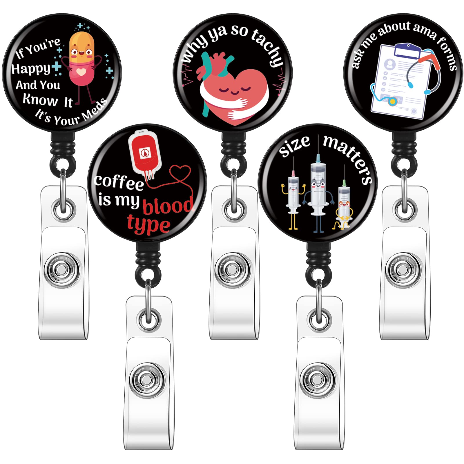 5 Pcs Funny Badge Reels Retractable Medical Badge Holder Nursing Name Badge Reel Cute Nurse Id Tag Clips Syringe Stethoscope Pat