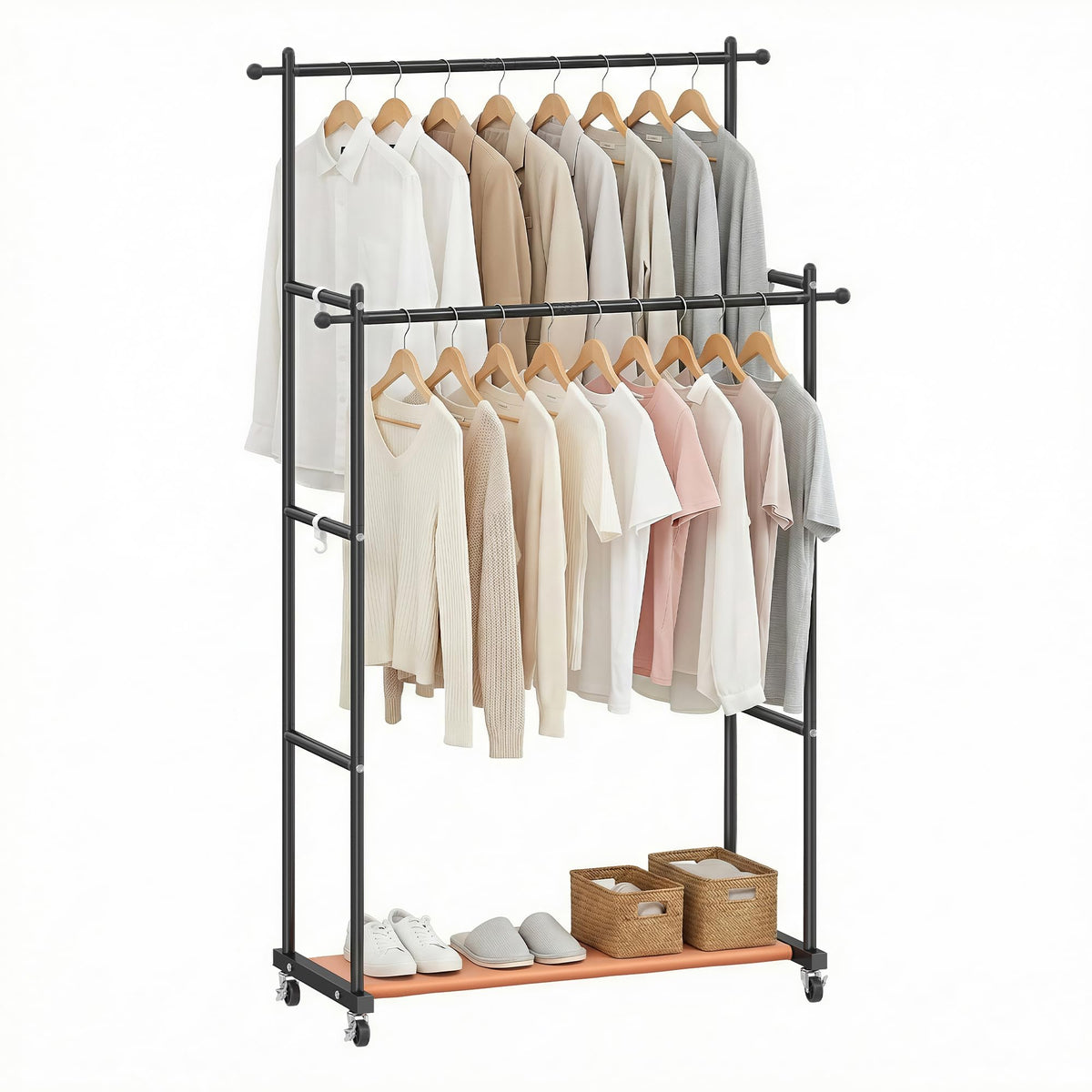 Rolling Double Rod Garment Rack with Wheels, Sturdy Metal Clothing Rack with 4 Hooks & Leather Compartment, Portable Clothes Sto