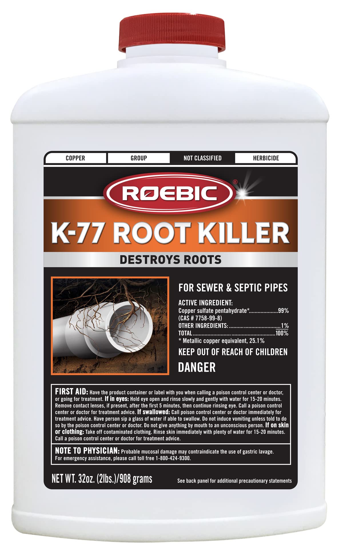 Roebic K-77 Root Killer: Clears Pipes, Stops New Growth, Safe For Sewer And Septic Systems - 32 Ounce, Liquid