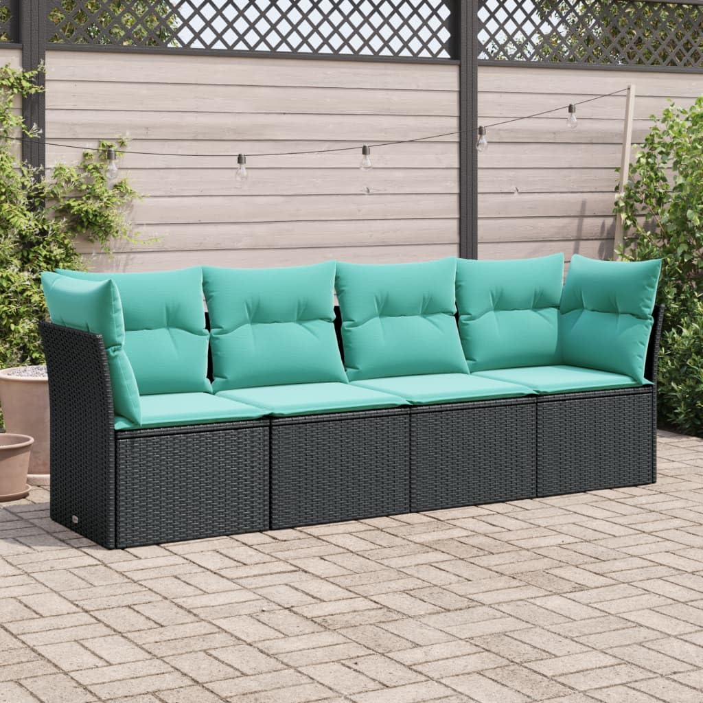 vidaXL Patio Sofa Set with Cushions - Outdoor Garden Furniture 4 Piece, Black Poly Rattan, Blue Cushion Covers, Modular with Storage Function, Weather-Resistant