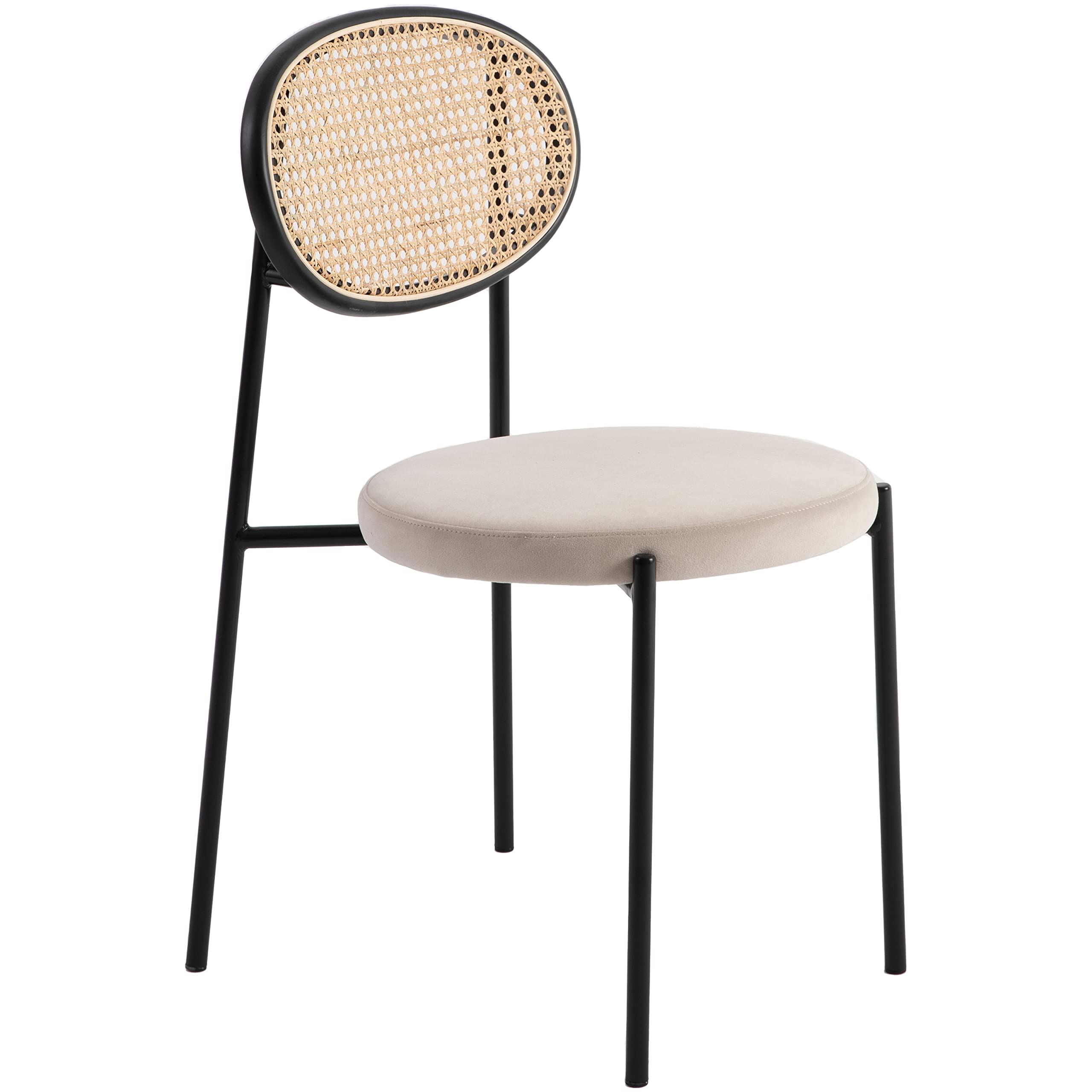LeisureMod Euston Modern Wicker Dining Chair - Beige Velvet Seat with Powder-Coated Steel Frame, Side Chair for Kitchen & Dining