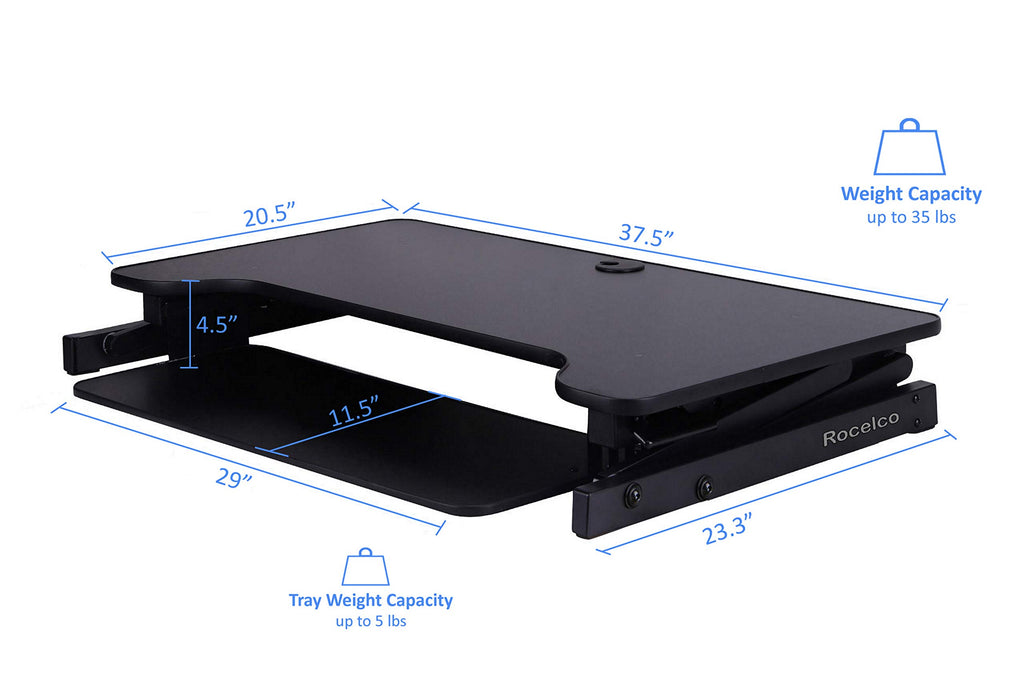 Rocelco 37.5" Deluxe Height Adjustable Standing Desk Converter - Quick Sit Stand Up Dual Monitor Riser - Gas Spring Assist Computer Workstation - Large Retractable Keyboard Tray - Black (R DADRB)