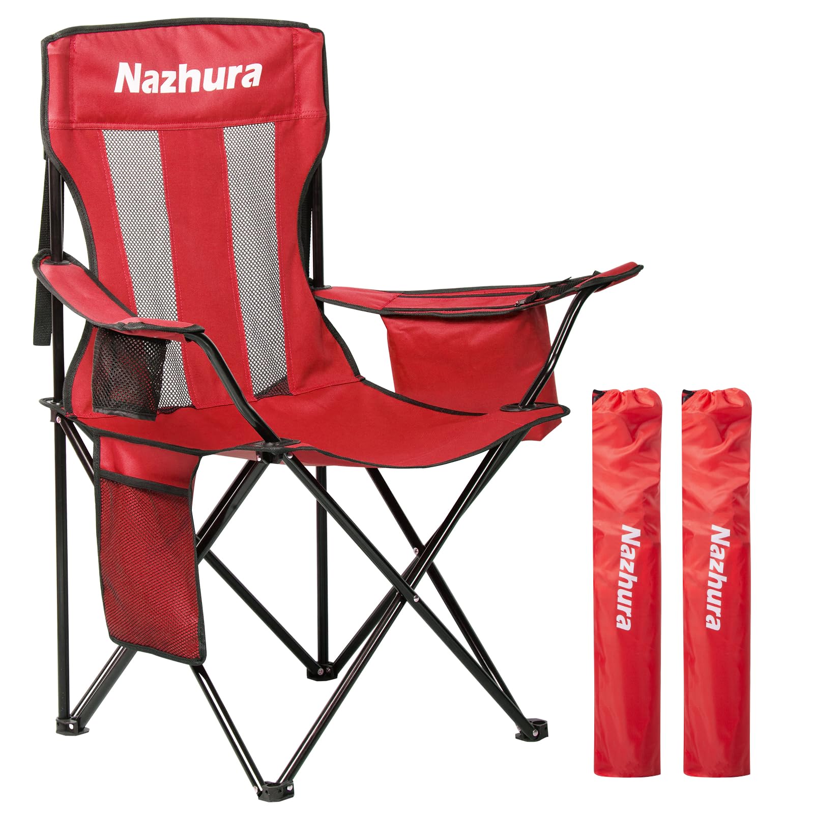 Nazhura 2 Pack Outdoor Camping Chairs Folding/Foldable/Portable with Cooler Pouch, Mesh Backrest and Cup Holder Pocket(Red, 2 Pa