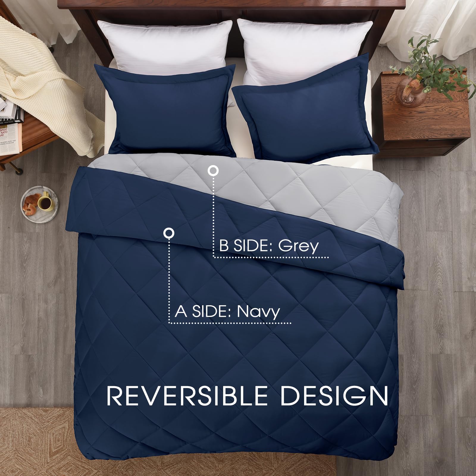 Basic Beyond California King Comforter Set Reversible Cal King Comforter Set, Navy Blue Comforter Set California King For All Seasons, 1 Comforter 106'X92' And 2 Pillow Shams 20'X36'+2'
