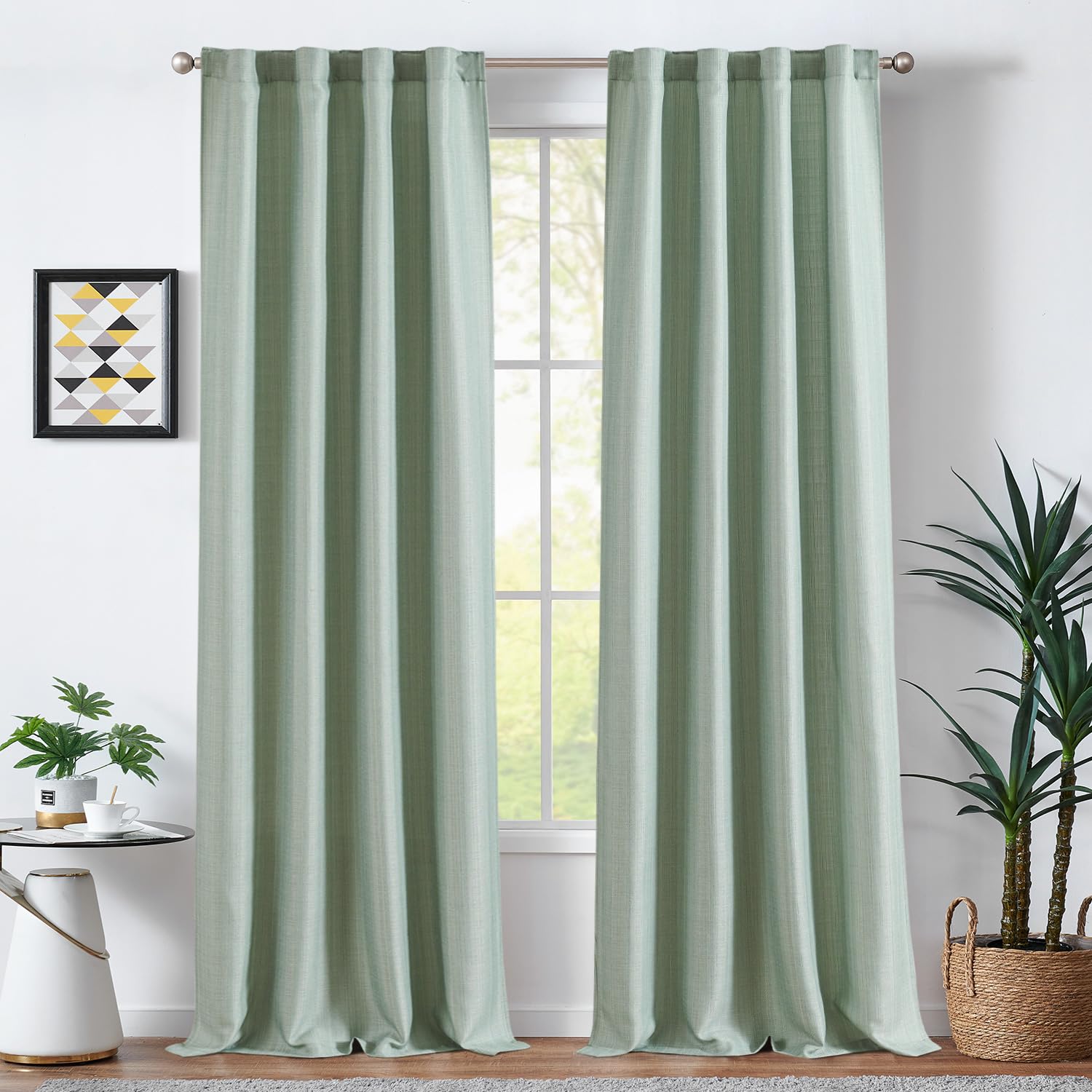 Jinchan Linen Textured Curtains 90 Inch Length Green Curtains For Living Room Farmhouse Country Curtains Casual Weave Back Tab D