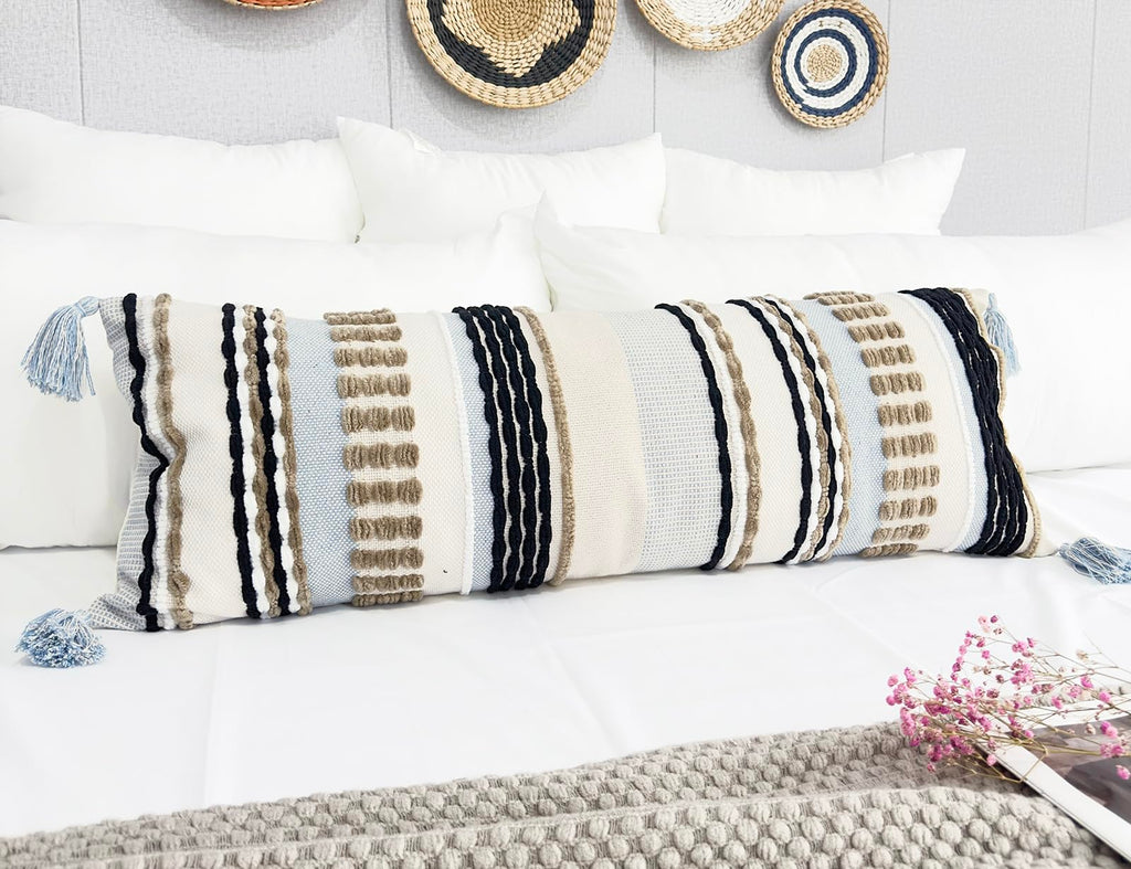 Nuyecy Chenille And Cotton Long Pillow For Bed,Striped Textured Boho Long Lumbar Throw Pillow Cover 14X36,Neutral Accent Decorat